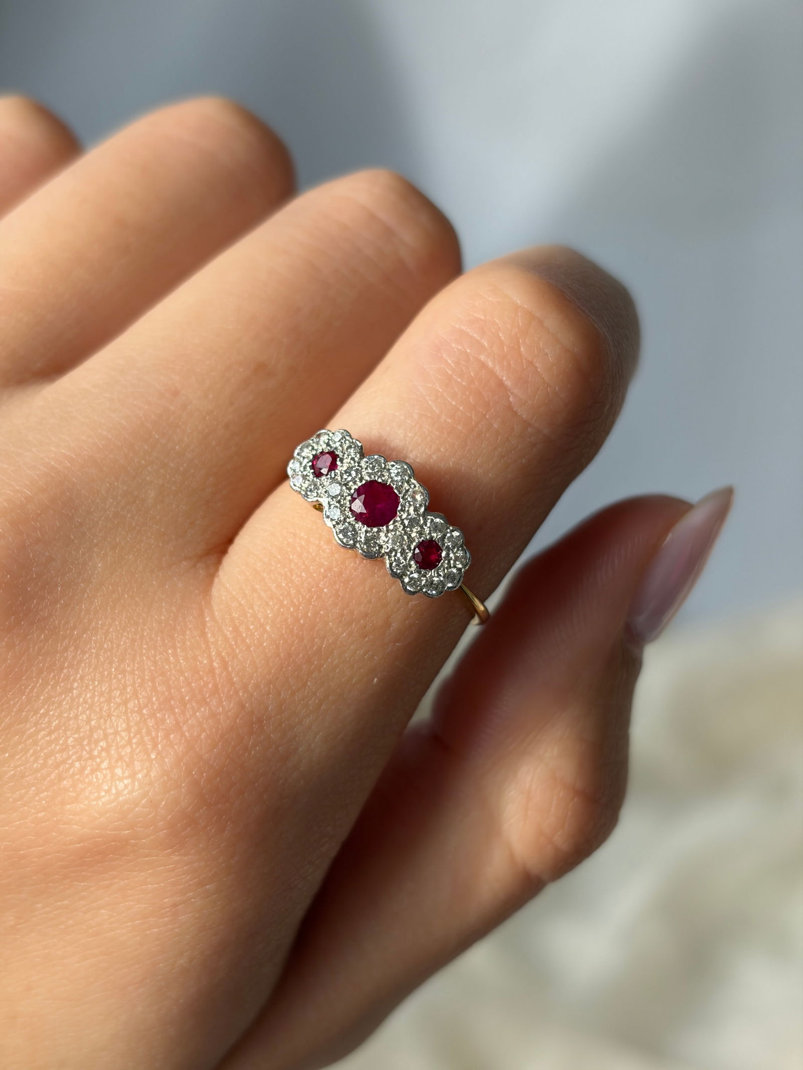 Vintage Ruby and Diamond 18 Carat Gold Triple Cluster Ring - 8