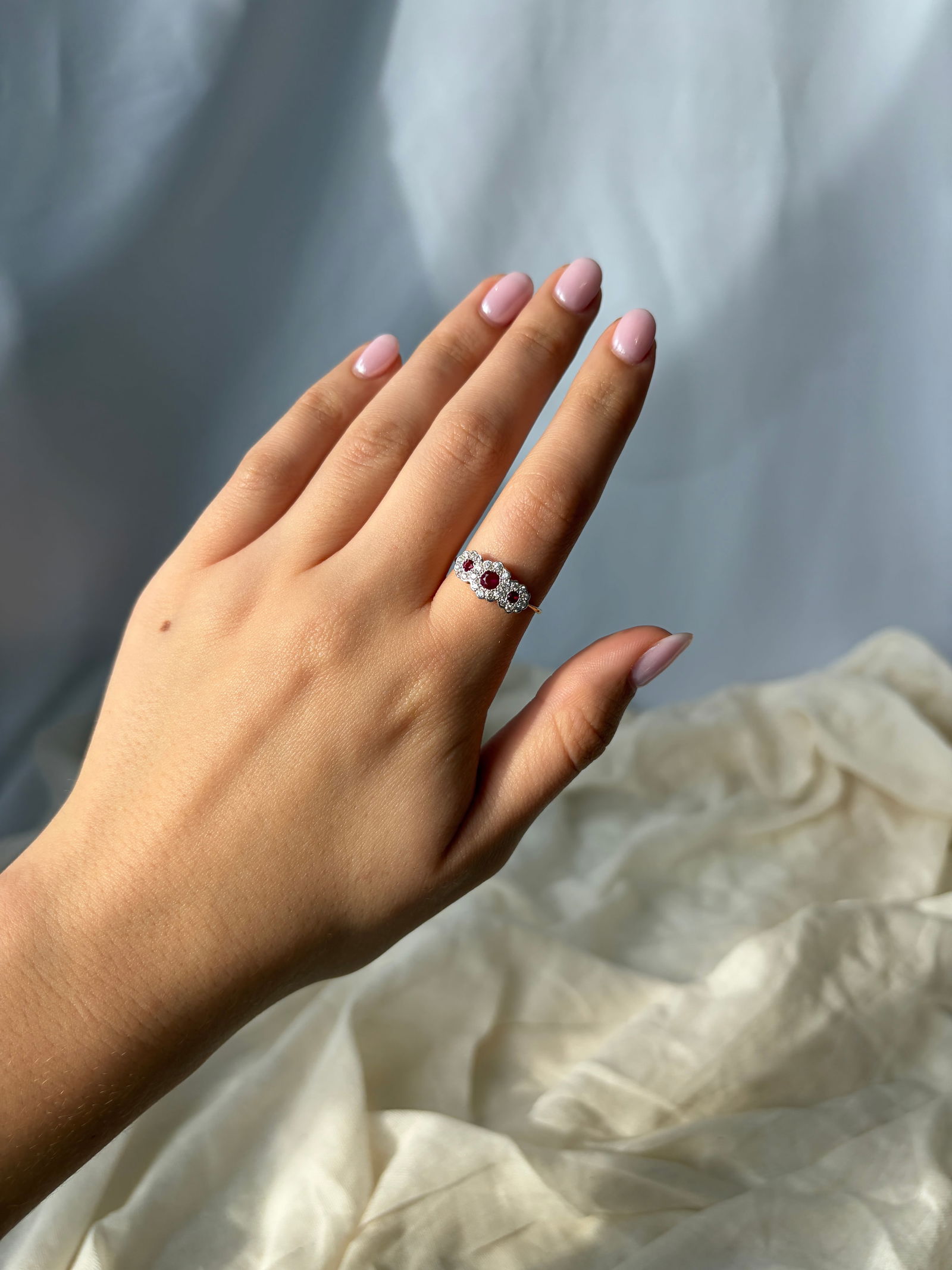 Vintage Ruby and Diamond 18 Carat Gold Triple Cluster Ring - 9