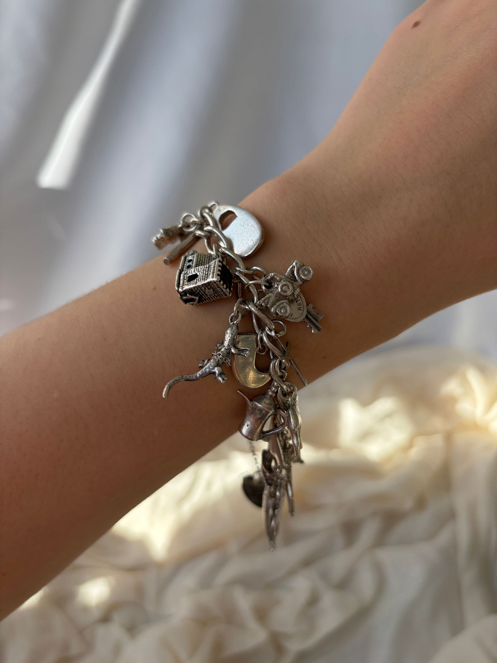 Vintage Heavy Full Sterling Silver Charm Bracelet - Rare Opening Charm - 10