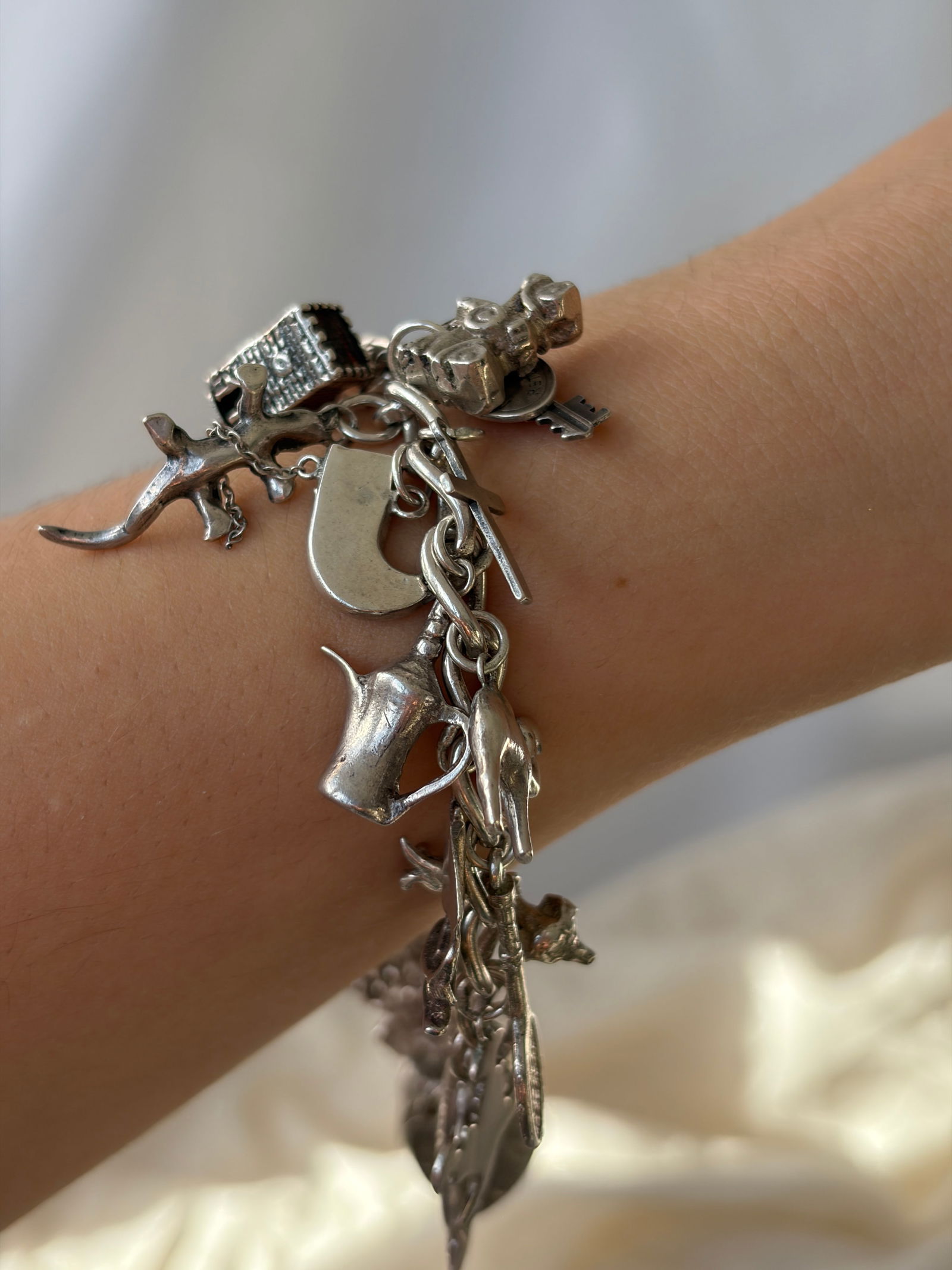 Vintage Heavy Full Sterling Silver Charm Bracelet - Rare Opening Charm - 11