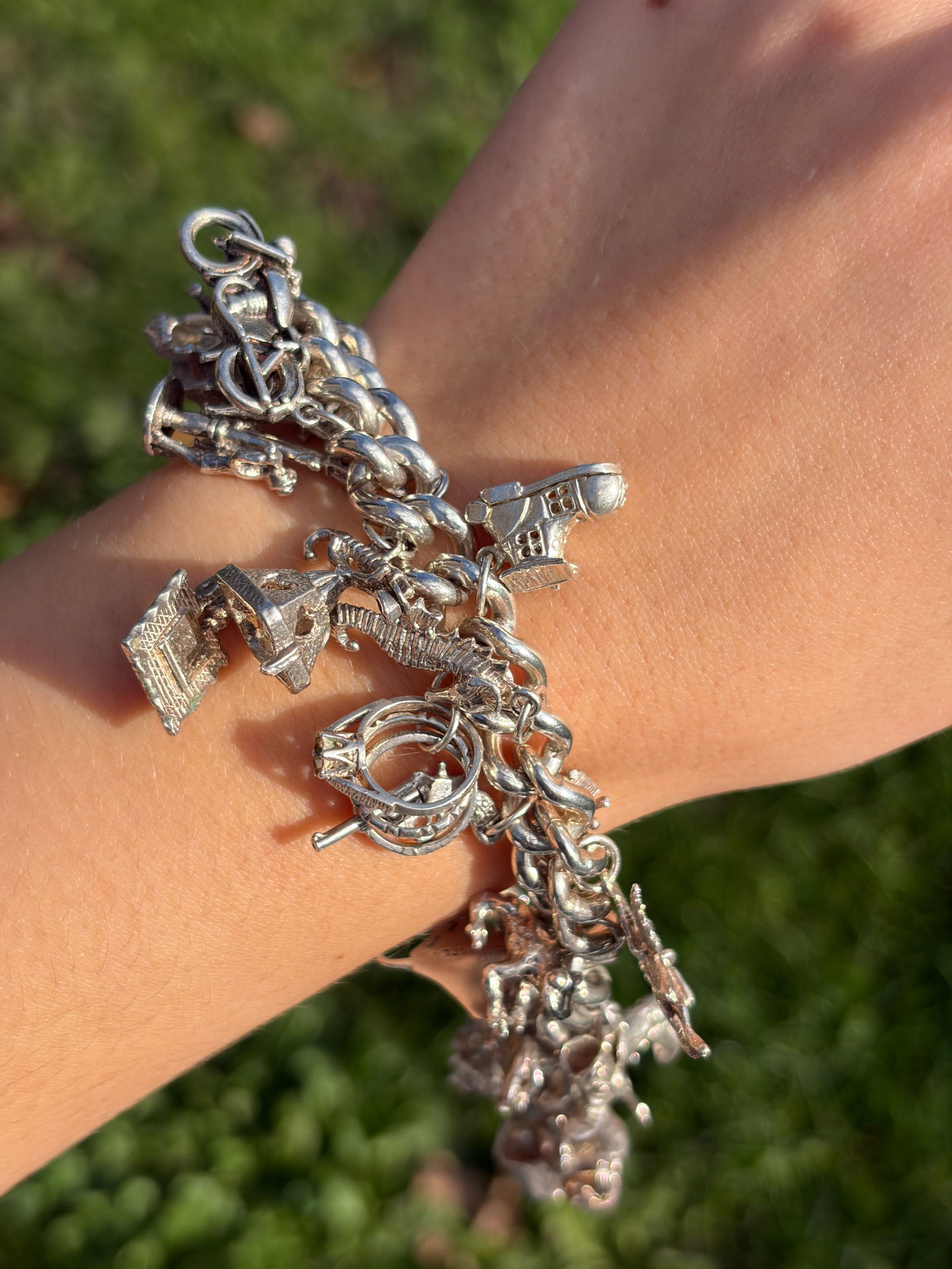 Vintage Heavy Full Sterling Silver Charm Bracelet - Rare Opening Charm - 12