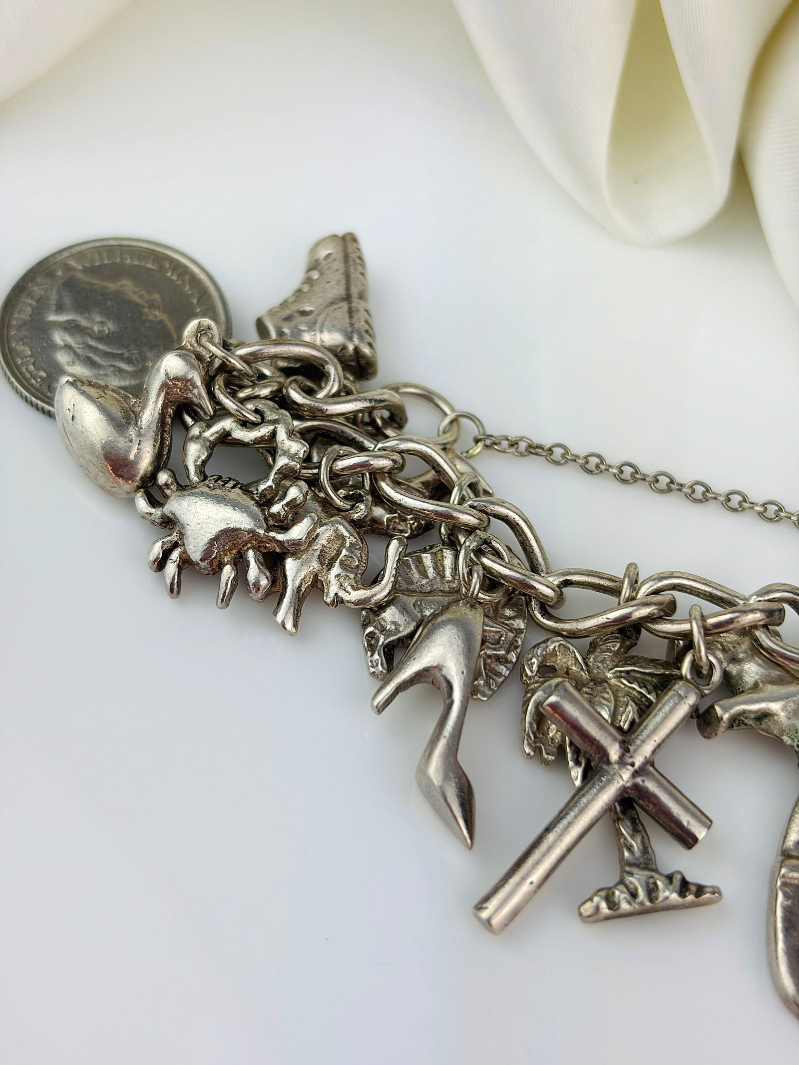 Vintage Heavy Full Sterling Silver Charm Bracelet - Rare Opening Charm - 7
