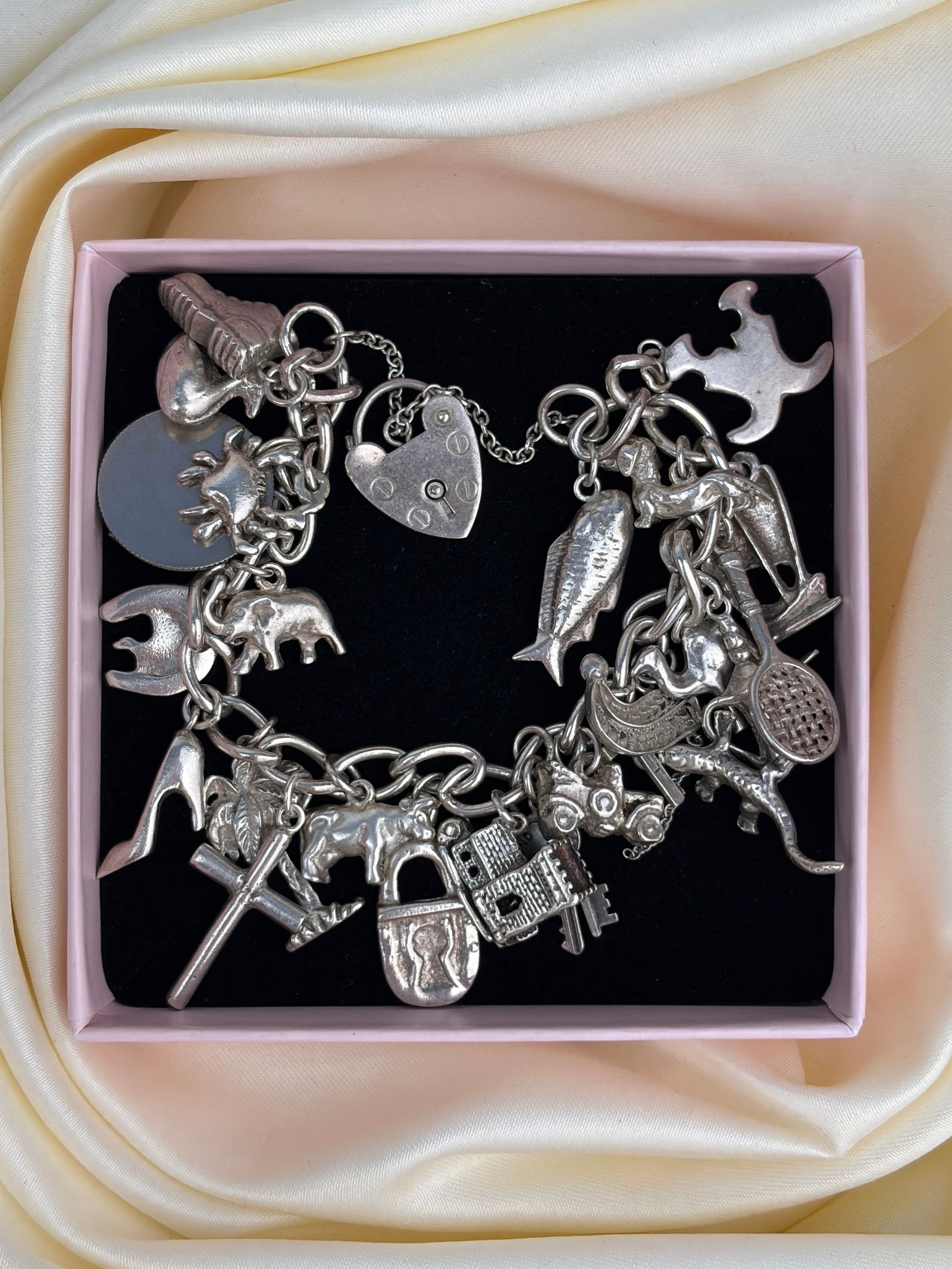 Vintage Heavy Full Sterling Silver Charm Bracelet - Rare Opening Charm - 9