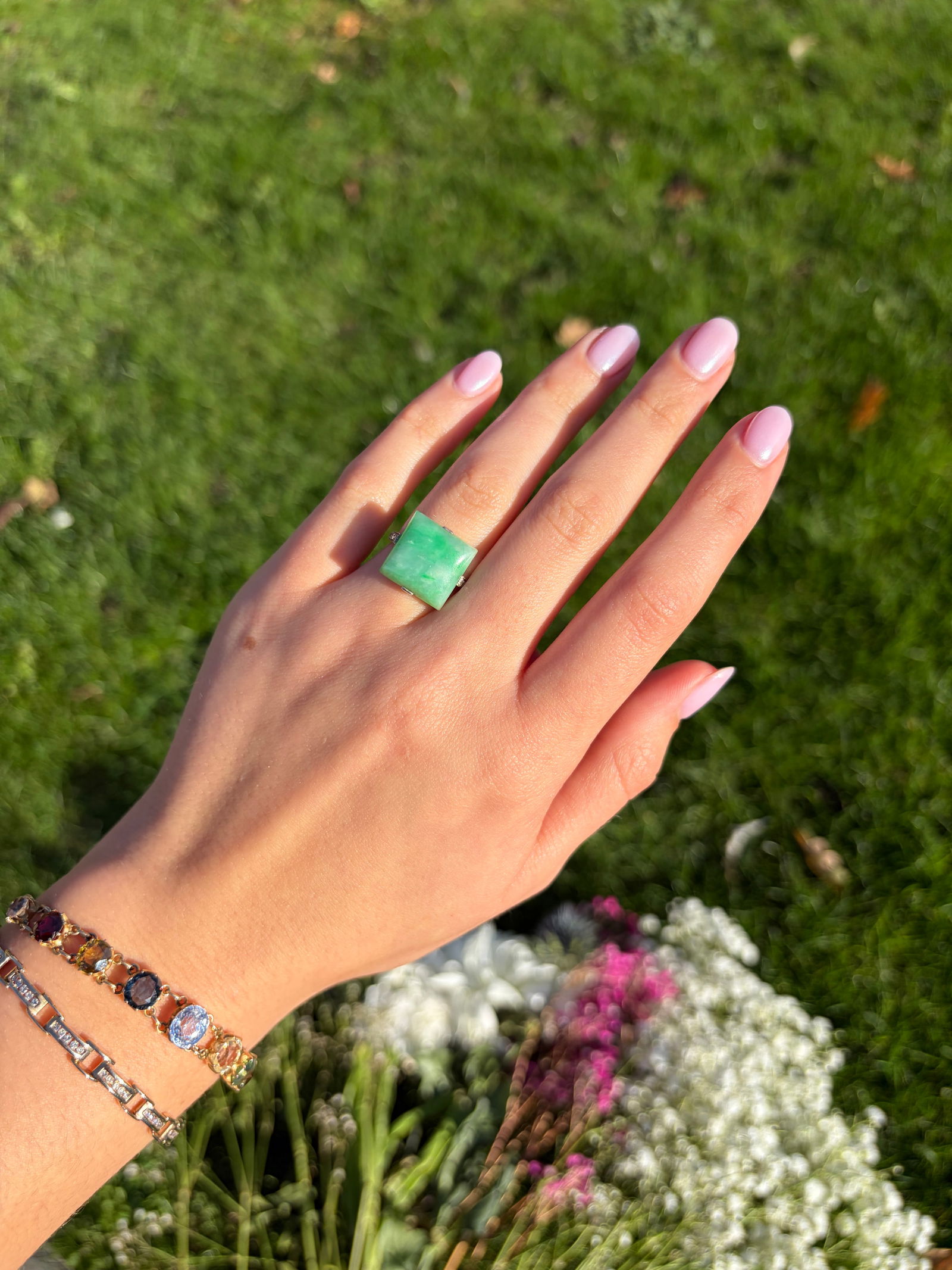 c.1920 Jade, Rose Cut Diamond and 18 Carat White Gold Ring - 11