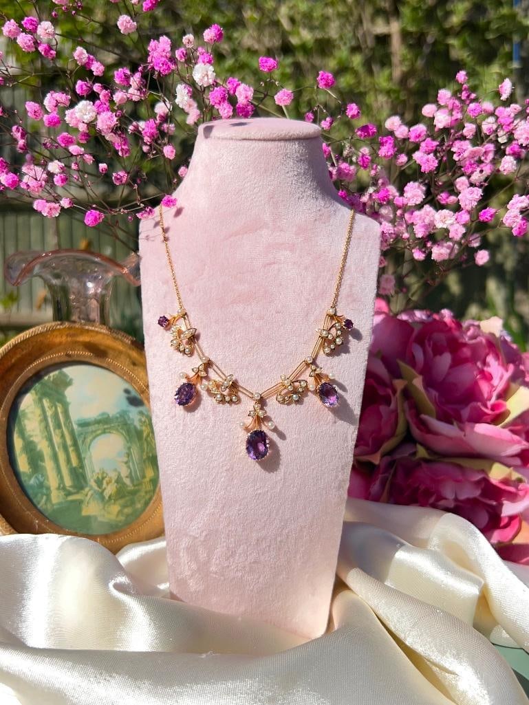 Antique 18ct Yellow Gold Amethyst and Pearl, Drop Necklace in Fitted Box - 3