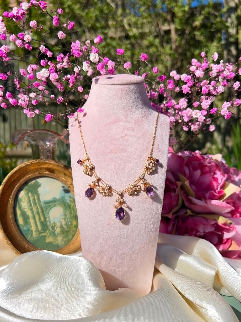 Antique 18ct Yellow Gold Amethyst and Pearl, Drop Necklace in Fitted Box - 4