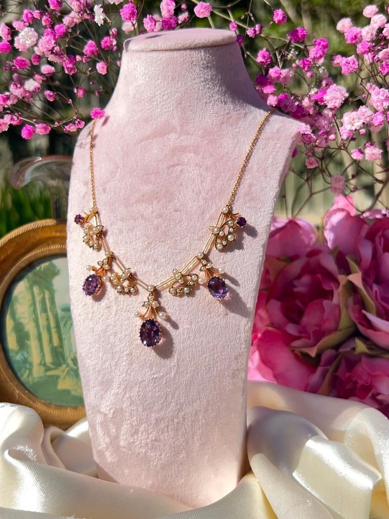 Antique 18ct Yellow Gold Amethyst and Pearl, Drop Necklace in Fitted Box - 5