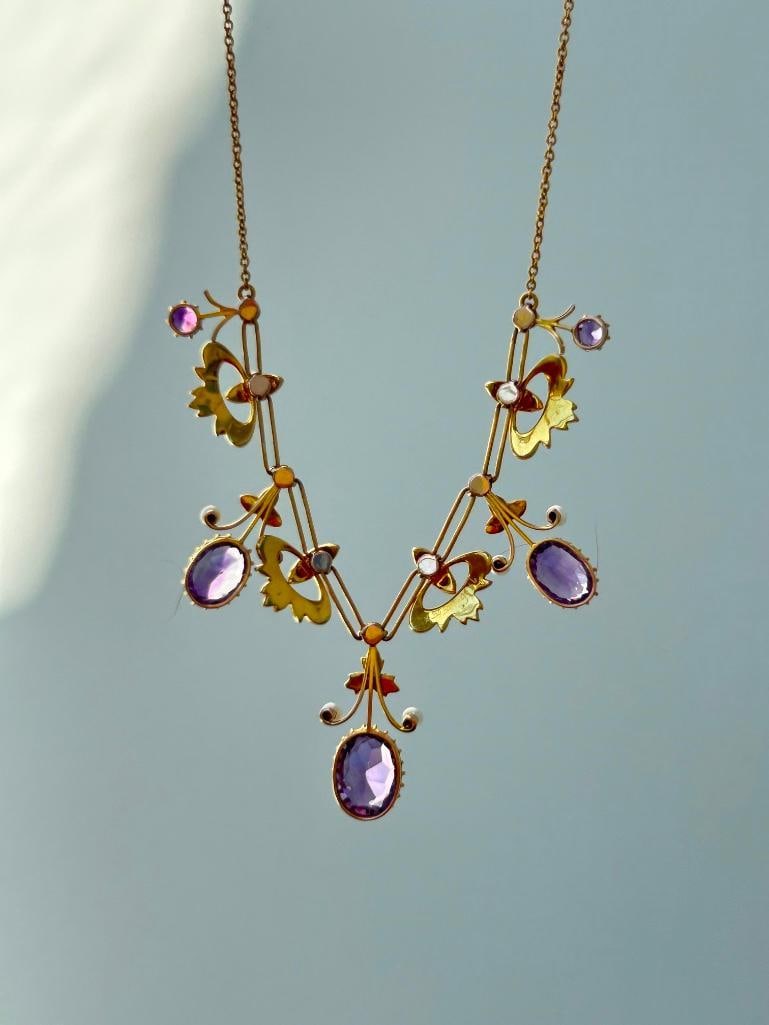 Antique 18ct Yellow Gold Amethyst and Pearl, Drop Necklace in Fitted Box - 7