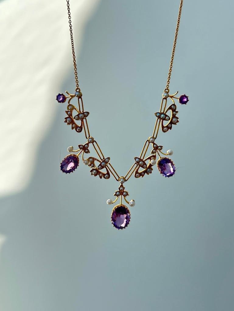 Antique 18ct Yellow Gold Amethyst and Pearl, Drop Necklace in Fitted Box - 8