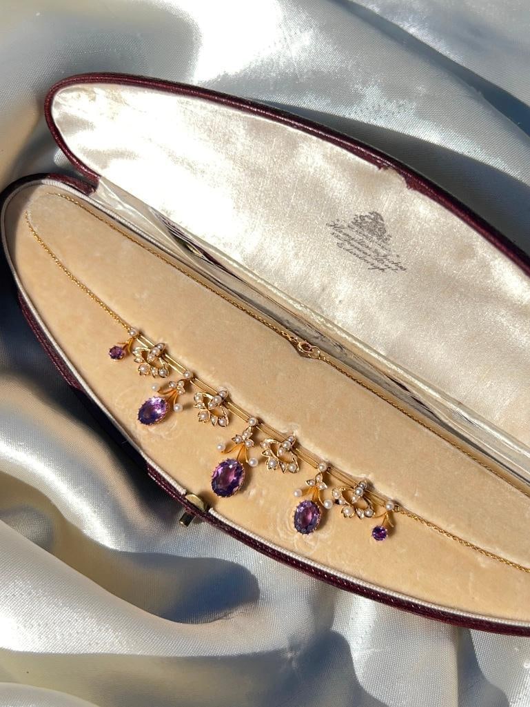 Antique 18ct Yellow Gold Amethyst and Pearl, Drop Necklace in Fitted Box - 9
