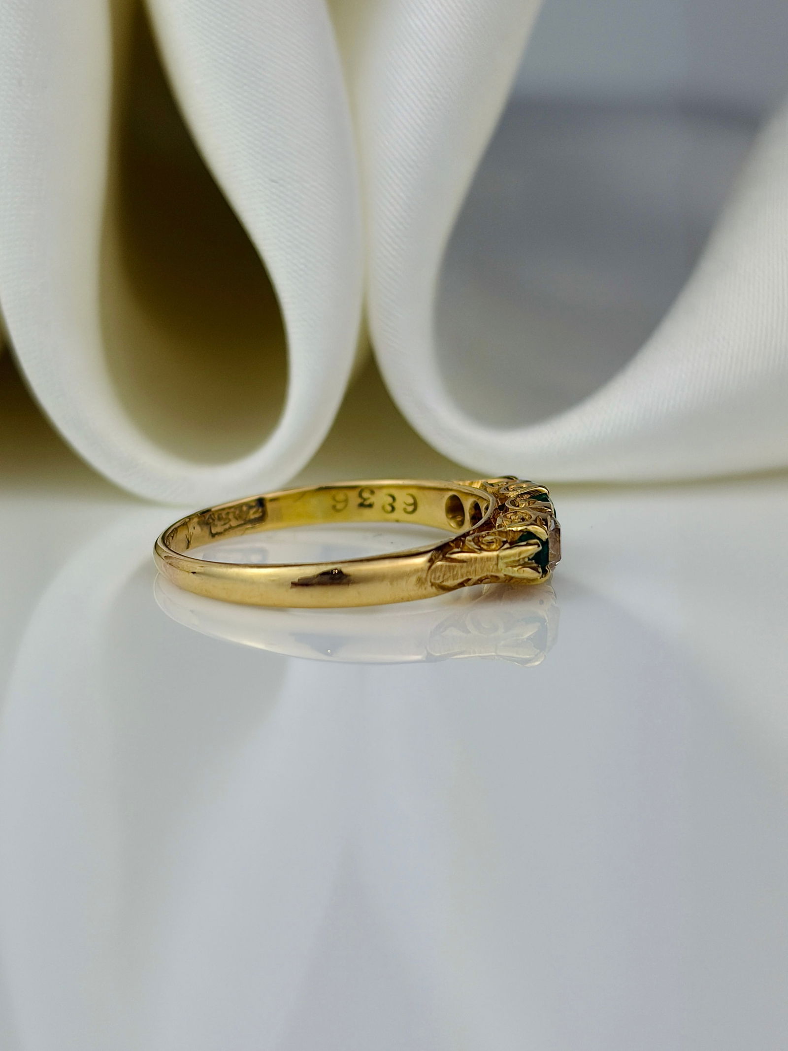 antique 18ct yellow gold emerald and diamond 5 stone ring with scroll gallery - 2