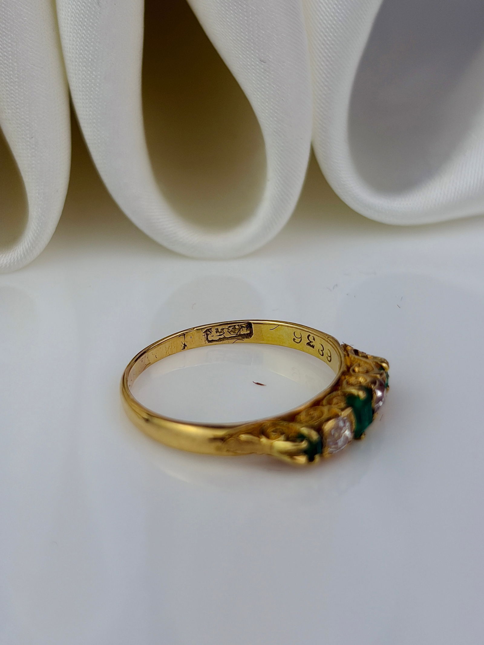 antique 18ct yellow gold emerald and diamond 5 stone ring with scroll gallery - 4