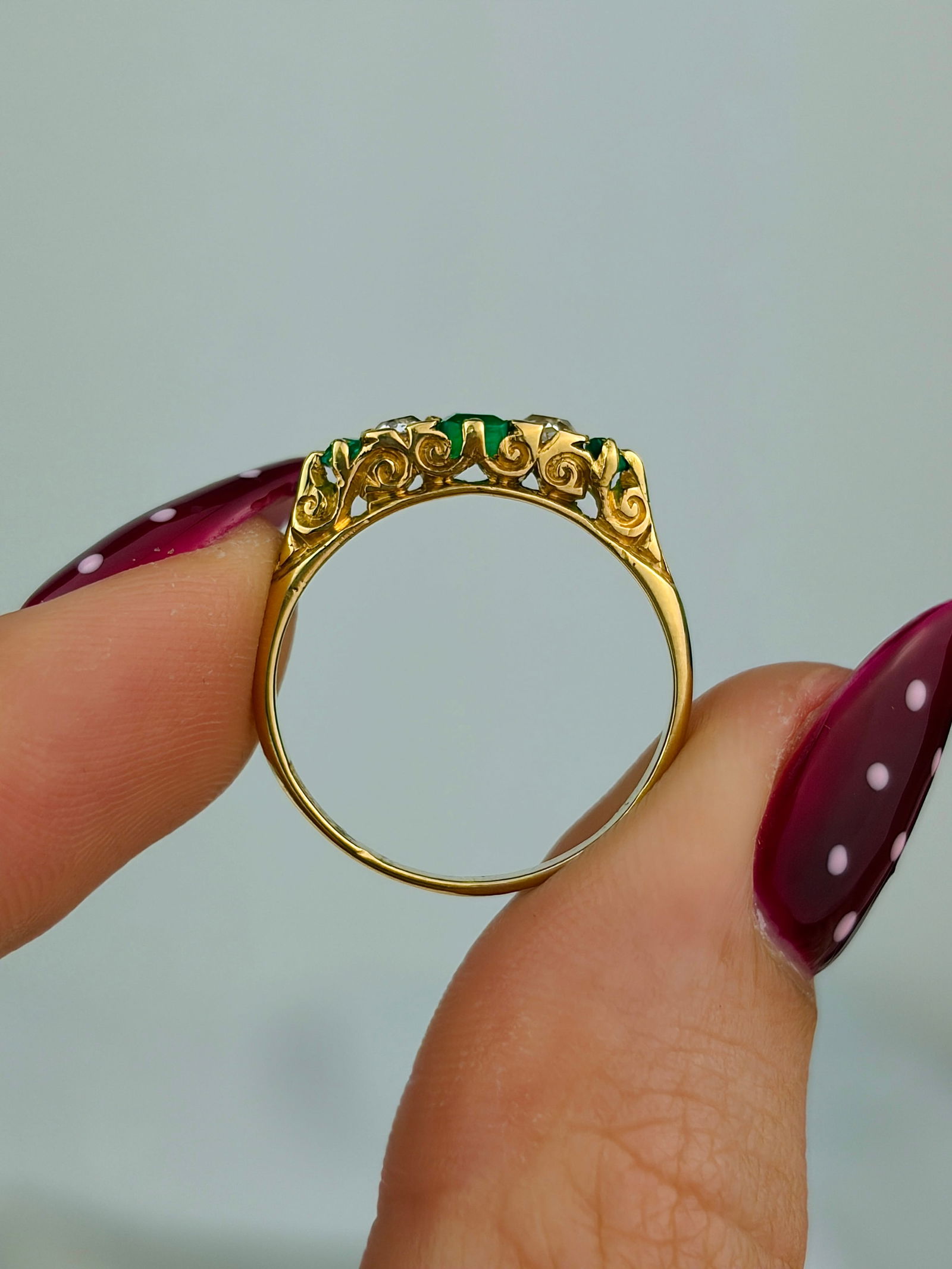 antique 18ct yellow gold emerald and diamond 5 stone ring with scroll gallery - 6
