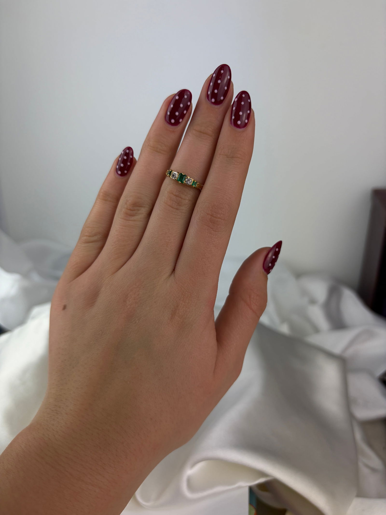 antique 18ct yellow gold emerald and diamond 5 stone ring with scroll gallery - 8