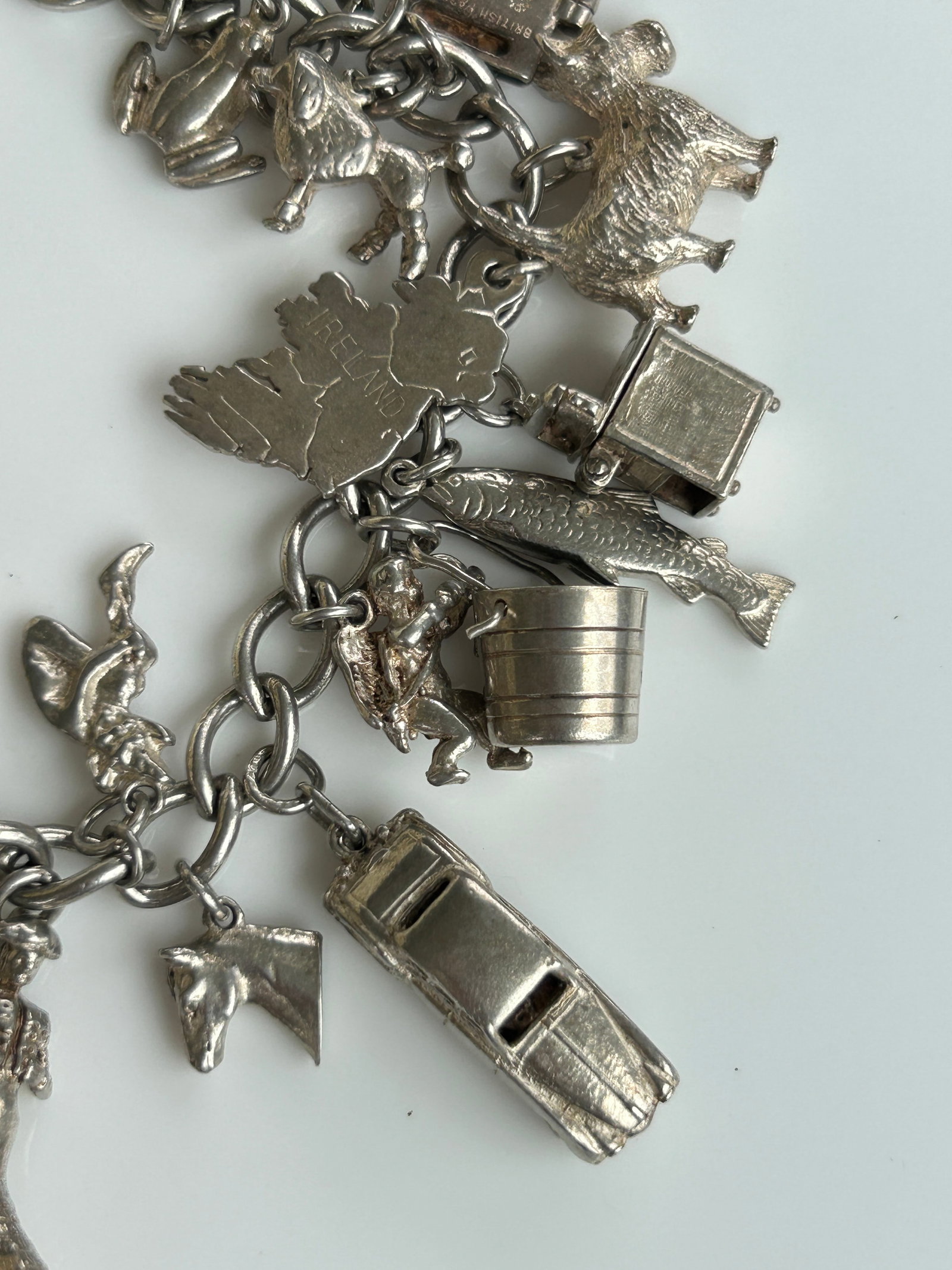 Vintage Heavy Silver Charm Bracelet with Enamel and Articulated Silver Charms - 10