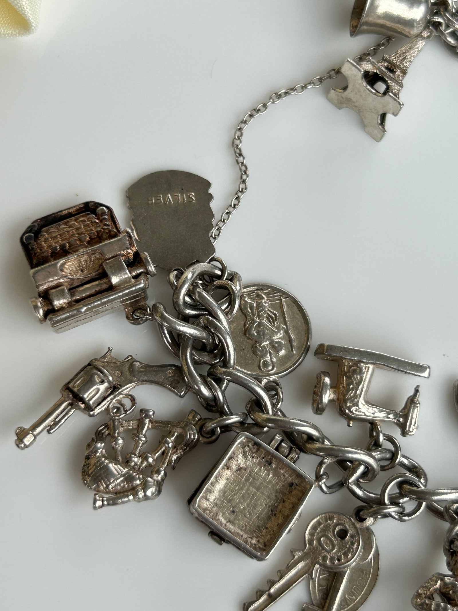 Vintage Heavy Silver Charm Bracelet with Enamel and Articulated Silver Charms - 12