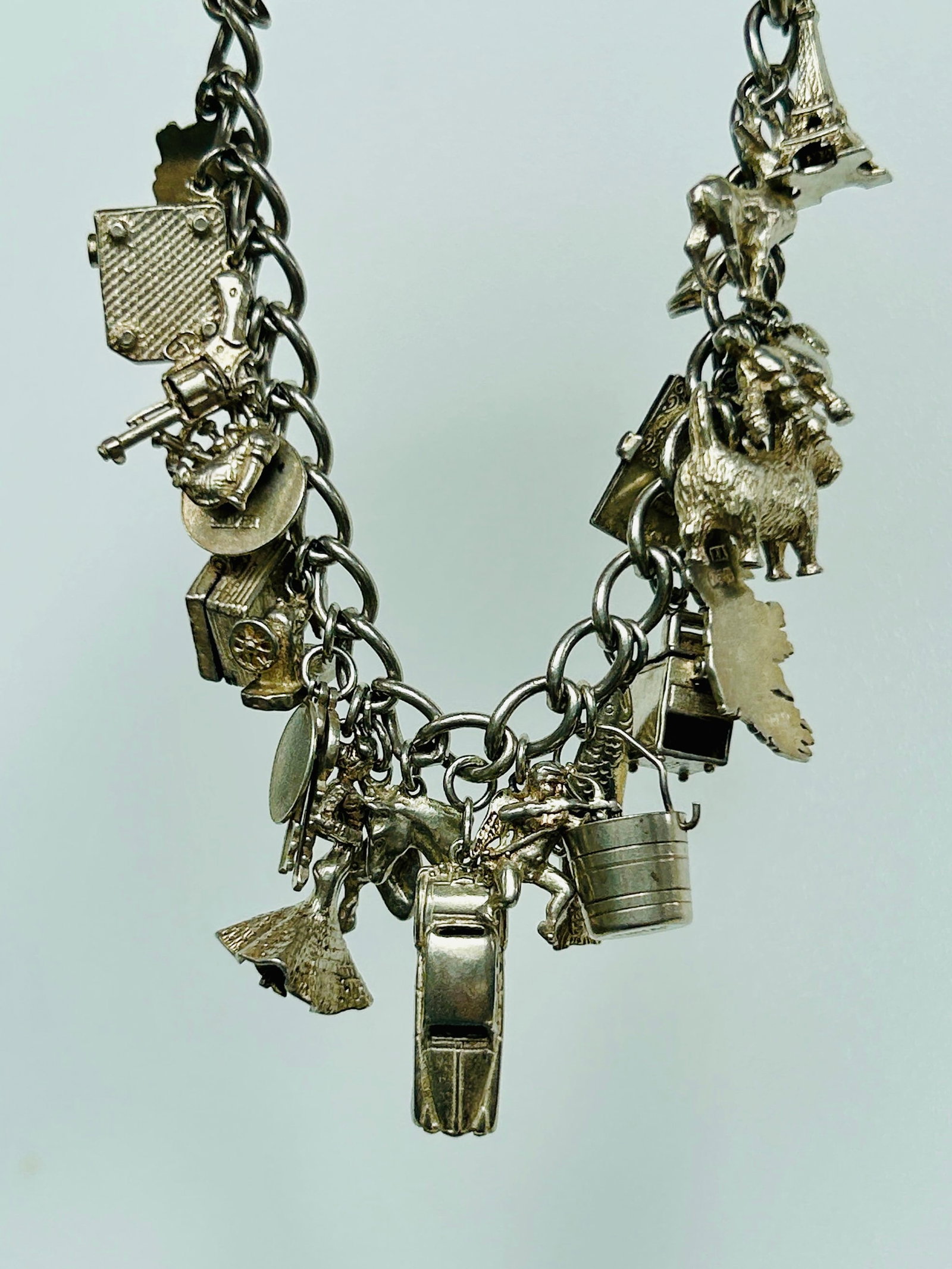 Vintage Heavy Silver Charm Bracelet with Enamel and Articulated Silver Charms (1 of 12)