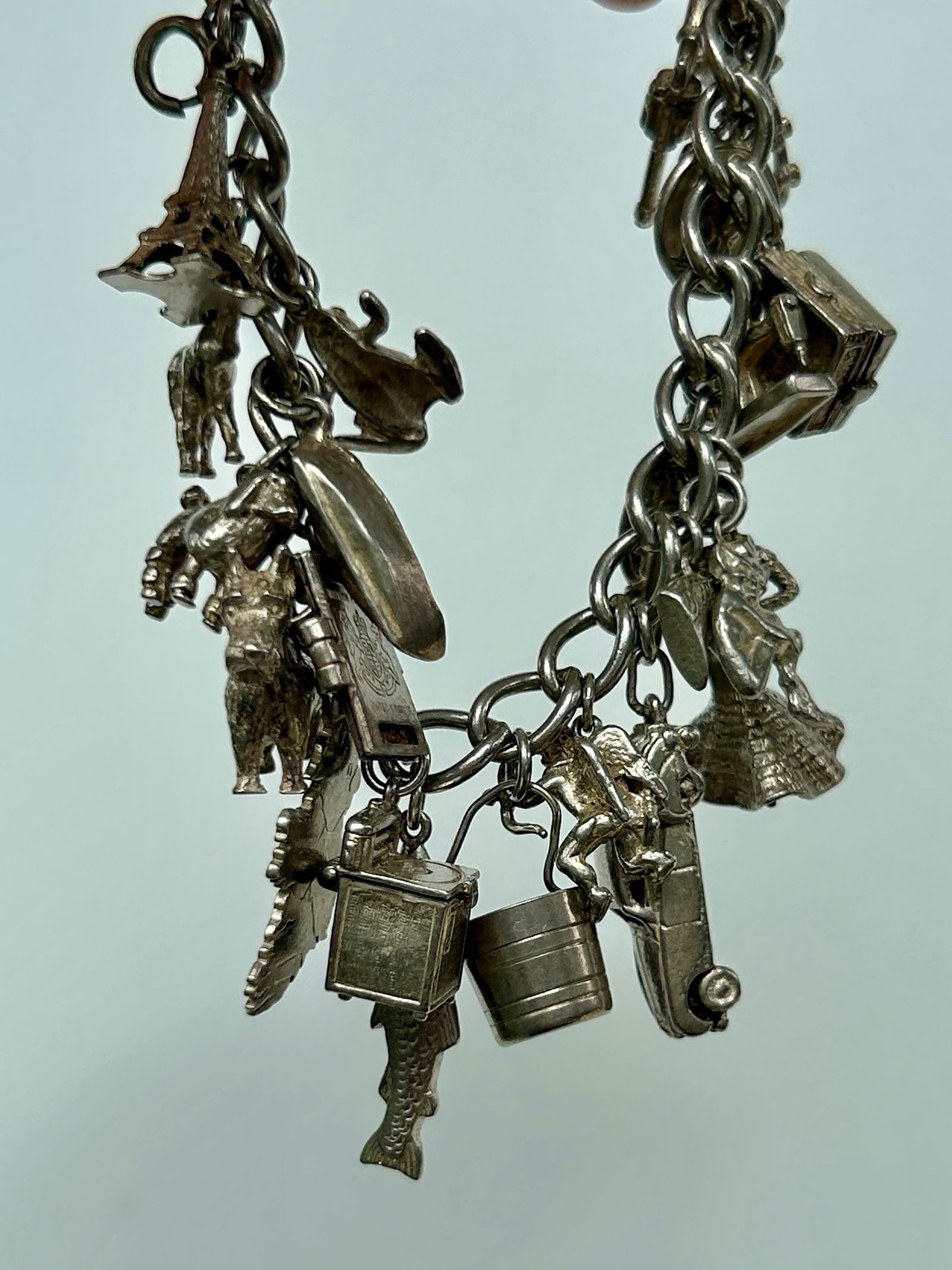 Vintage Heavy Silver Charm Bracelet with Enamel and Articulated Silver Charms - 2