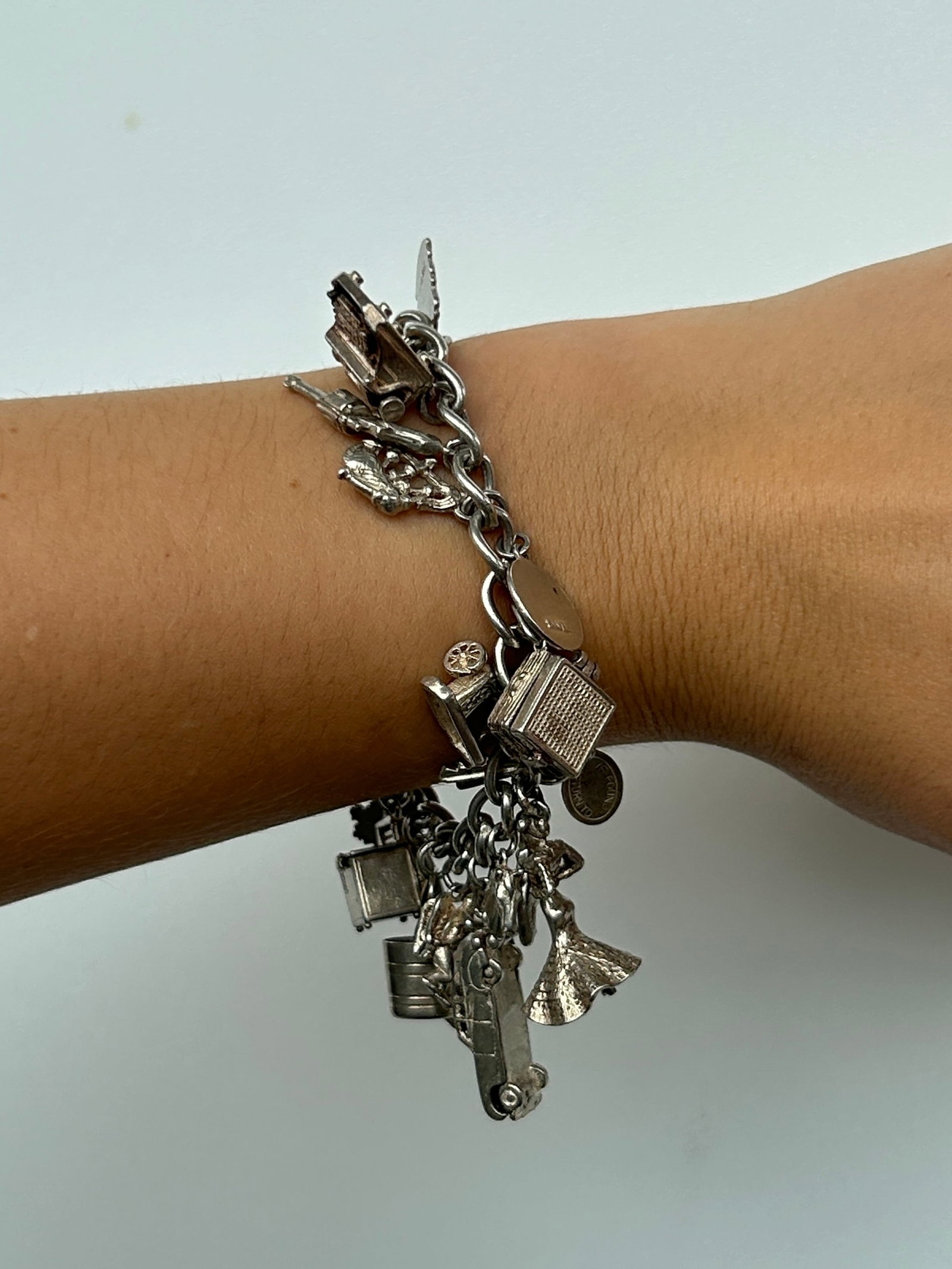 Vintage Heavy Silver Charm Bracelet with Enamel and Articulated Silver Charms - 3