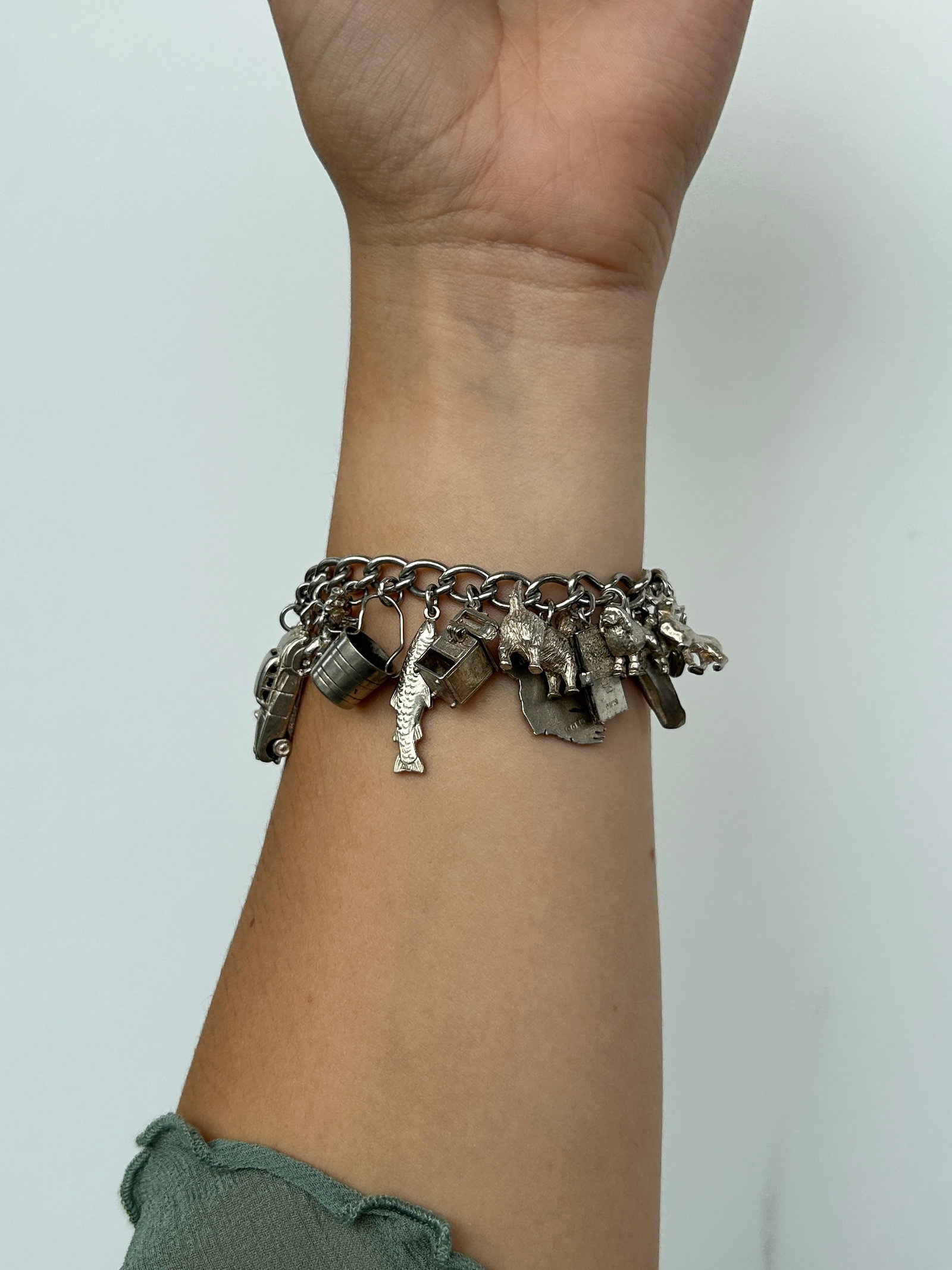 Vintage Heavy Silver Charm Bracelet with Enamel and Articulated Silver Charms - 5