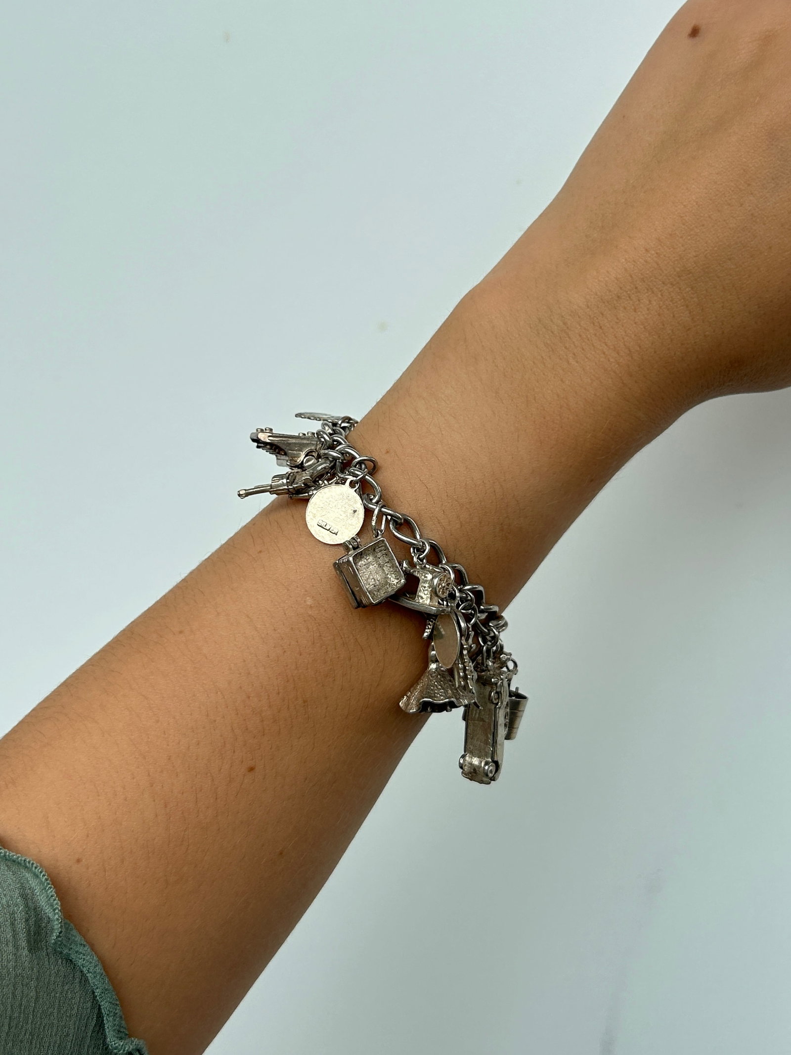 Vintage Heavy Silver Charm Bracelet with Enamel and Articulated Silver Charms - 6