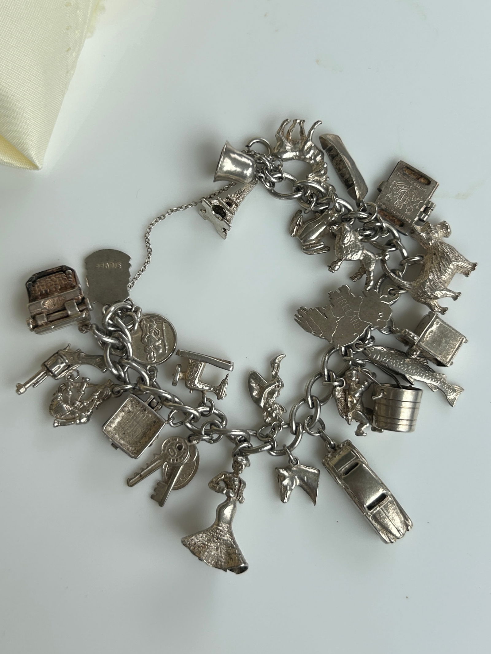 Vintage Heavy Silver Charm Bracelet with Enamel and Articulated Silver Charms - 7