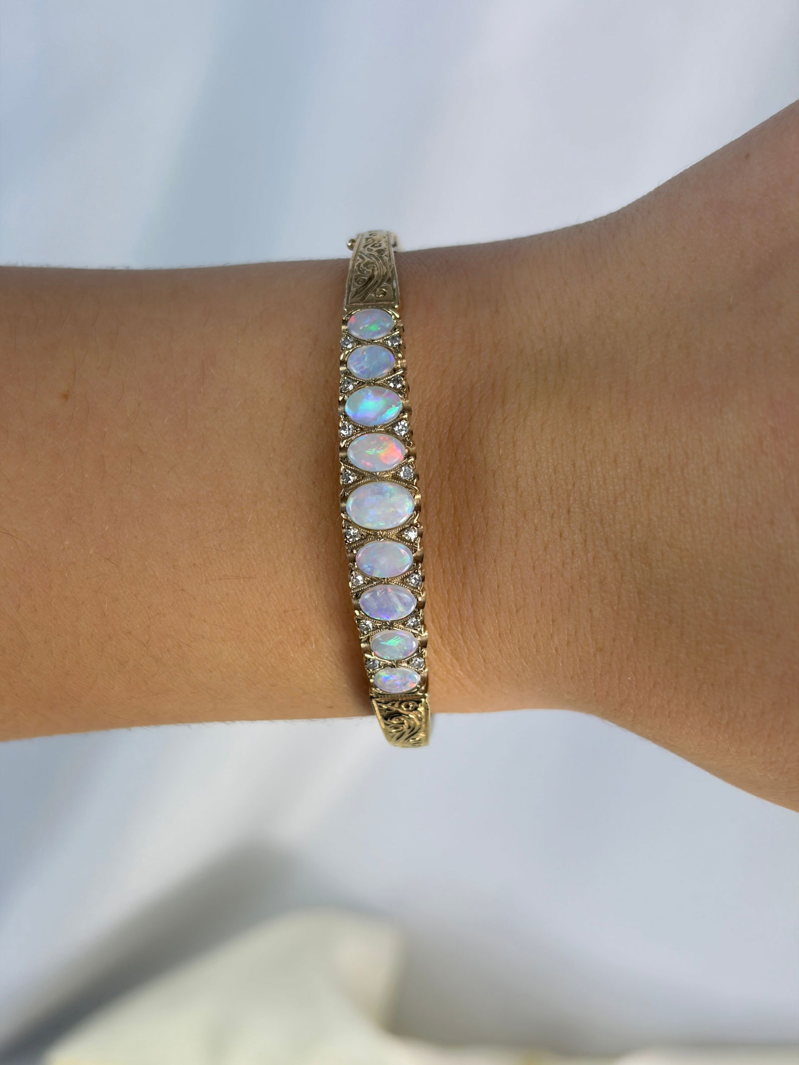 Vintage 9ct Yellow Gold Opal and Diamond Bangle Bracelet - 9