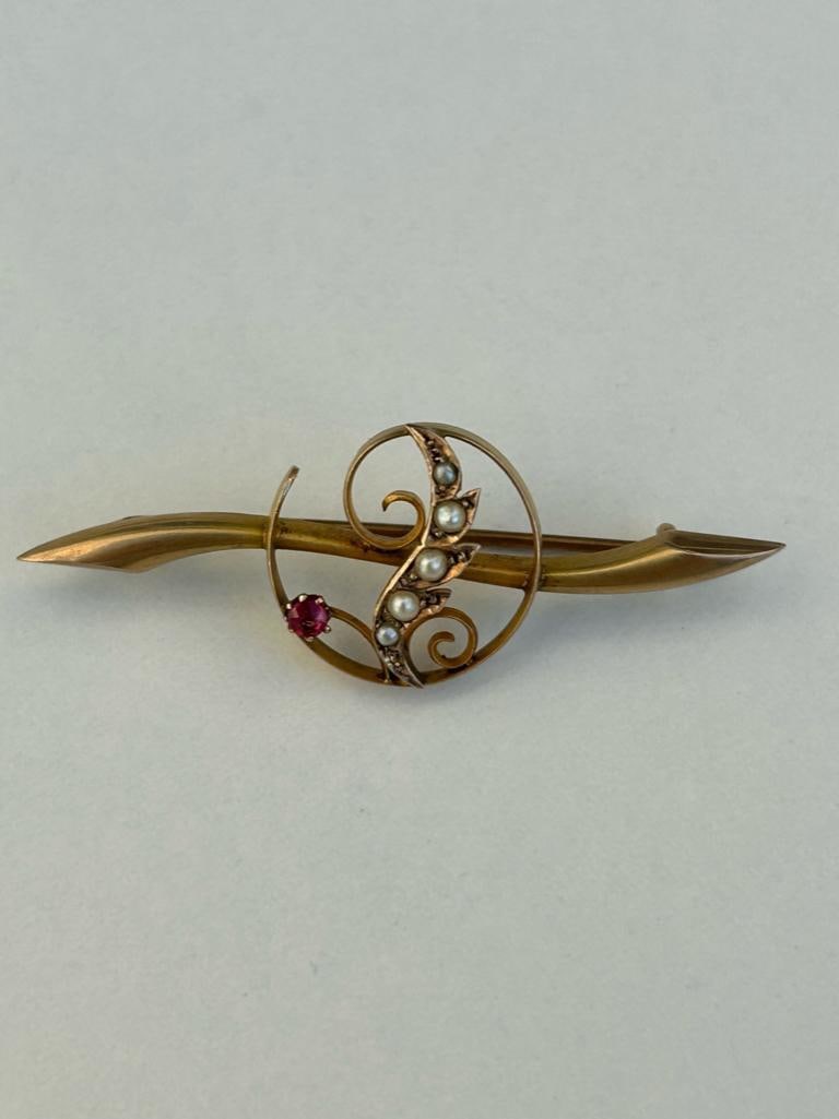 Yellow Gold Pearl and Red Stone Bar Brooch - 4