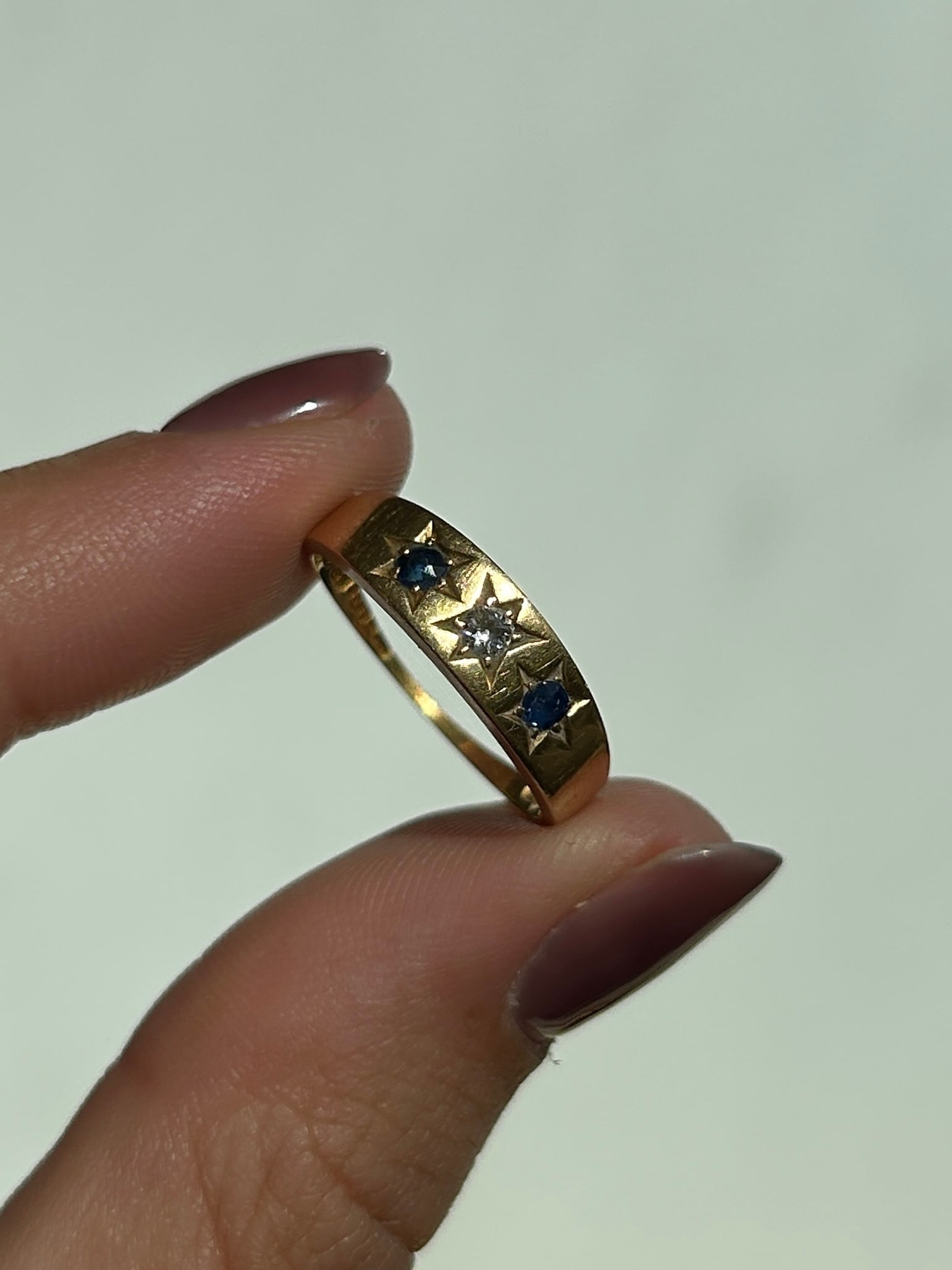 Antique 18ct Yellow Gold Sapphire and Diamond 3 Stone Star Ring - 6