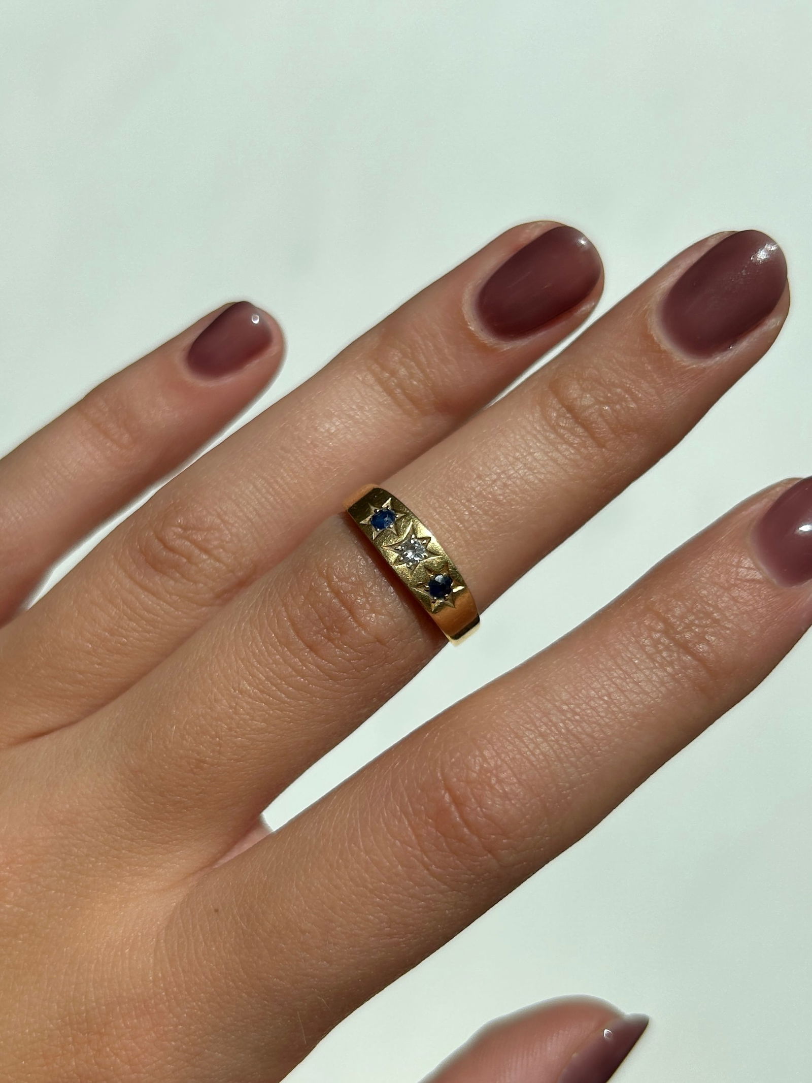 Antique 18ct Yellow Gold Sapphire and Diamond 3 Stone Star Ring - 9