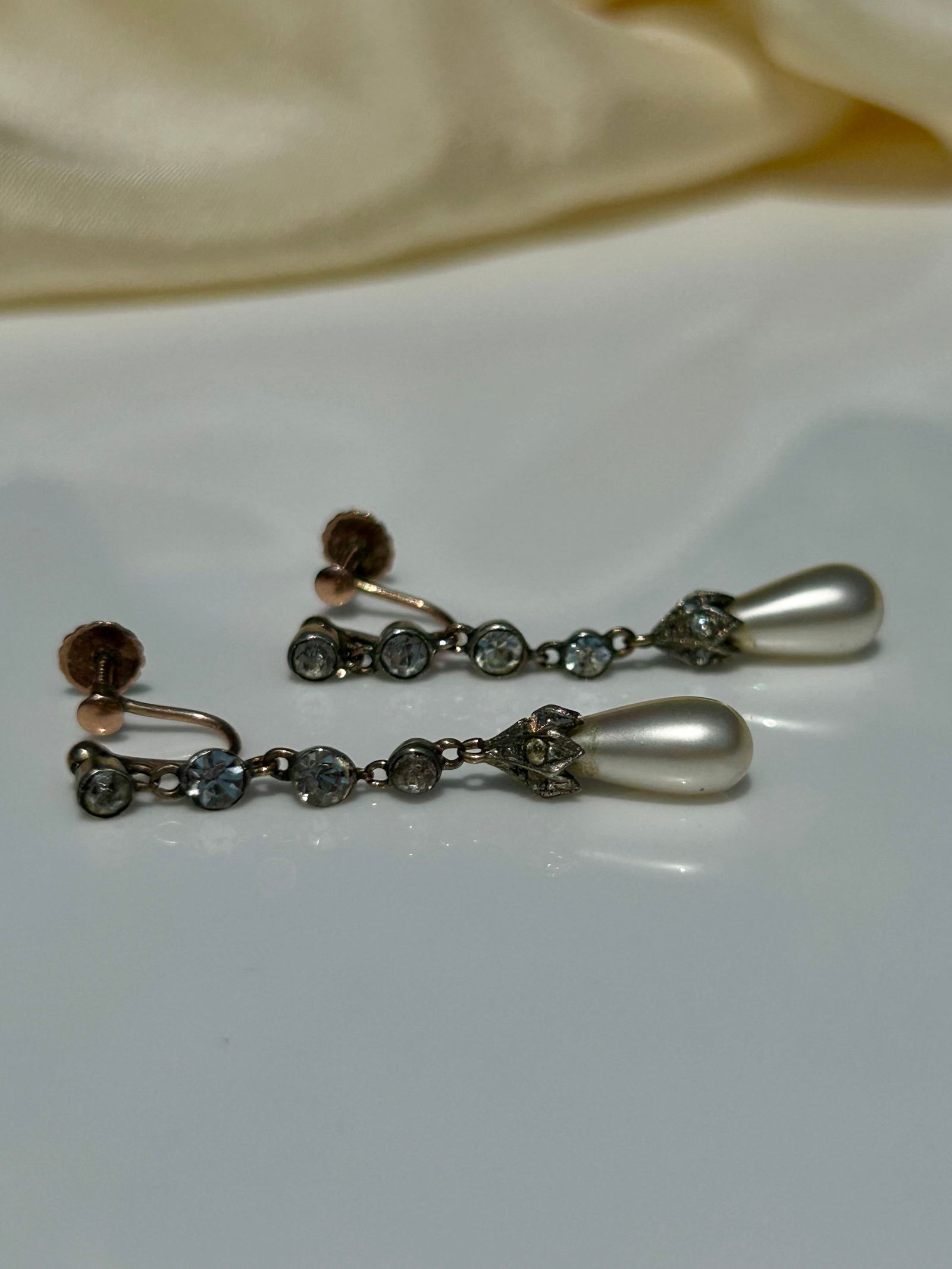 Antique 9ct Yellow Gold Paste & Pearl Drop Earrings / Screw Fittings - 2