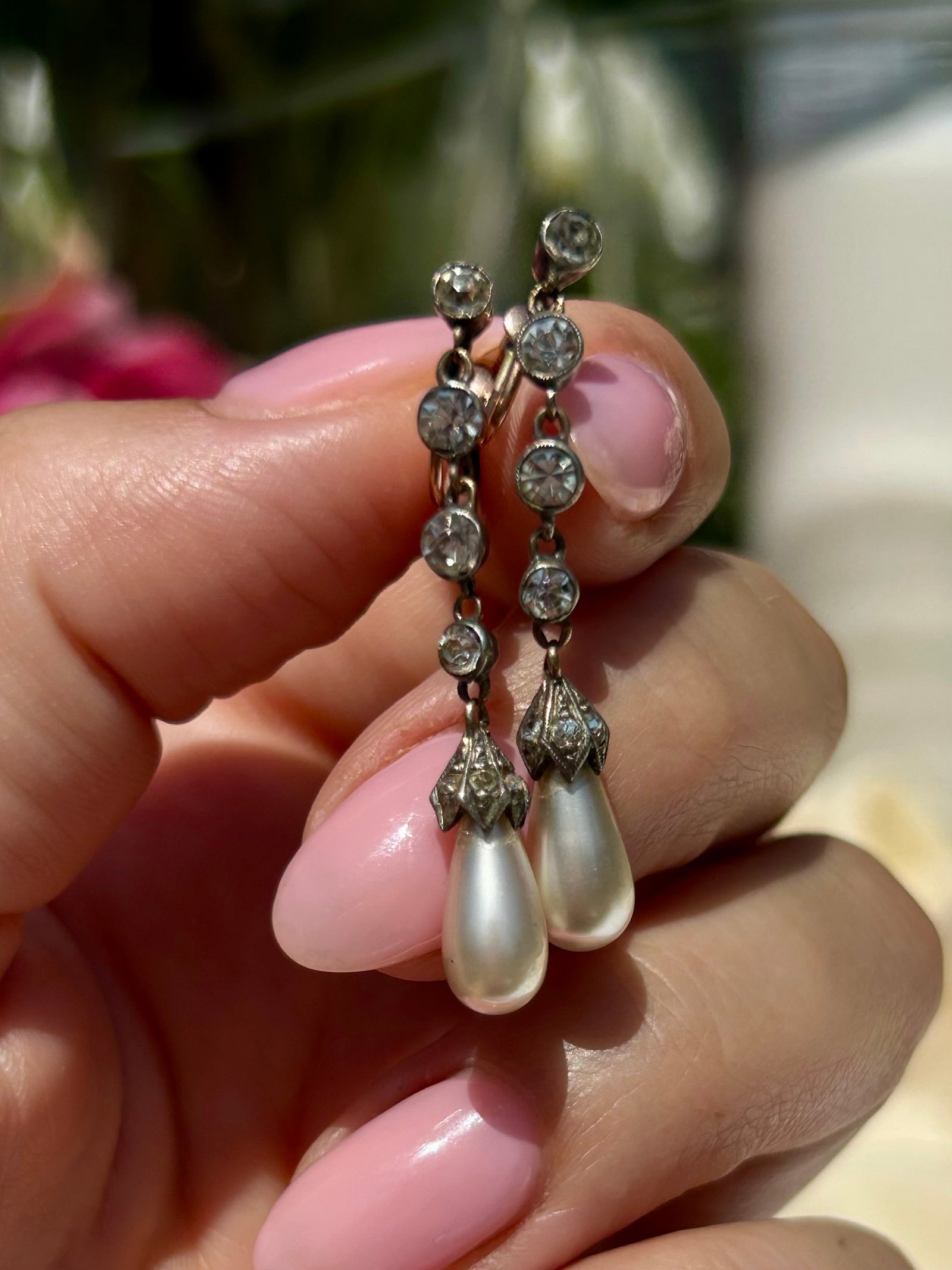 Antique 9ct Yellow Gold Paste & Pearl Drop Earrings / Screw Fittings - 3