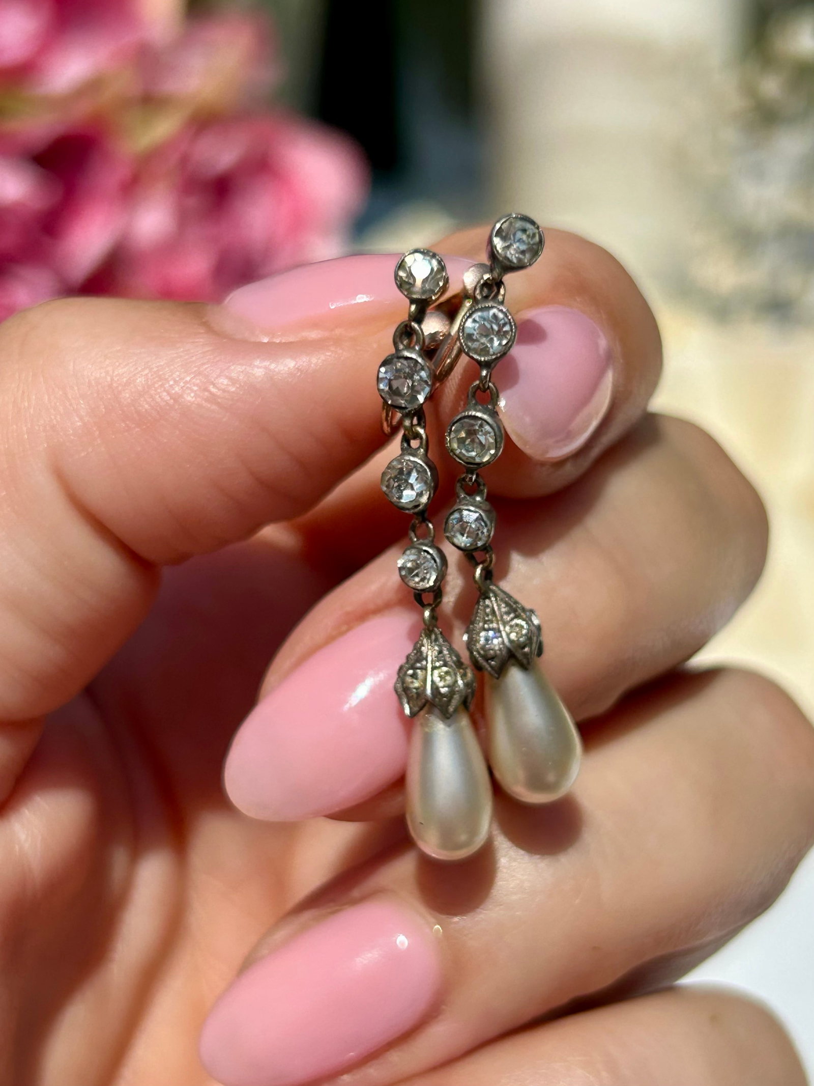 Antique 9ct Yellow Gold Paste & Pearl Drop Earrings / Screw Fittings - 4