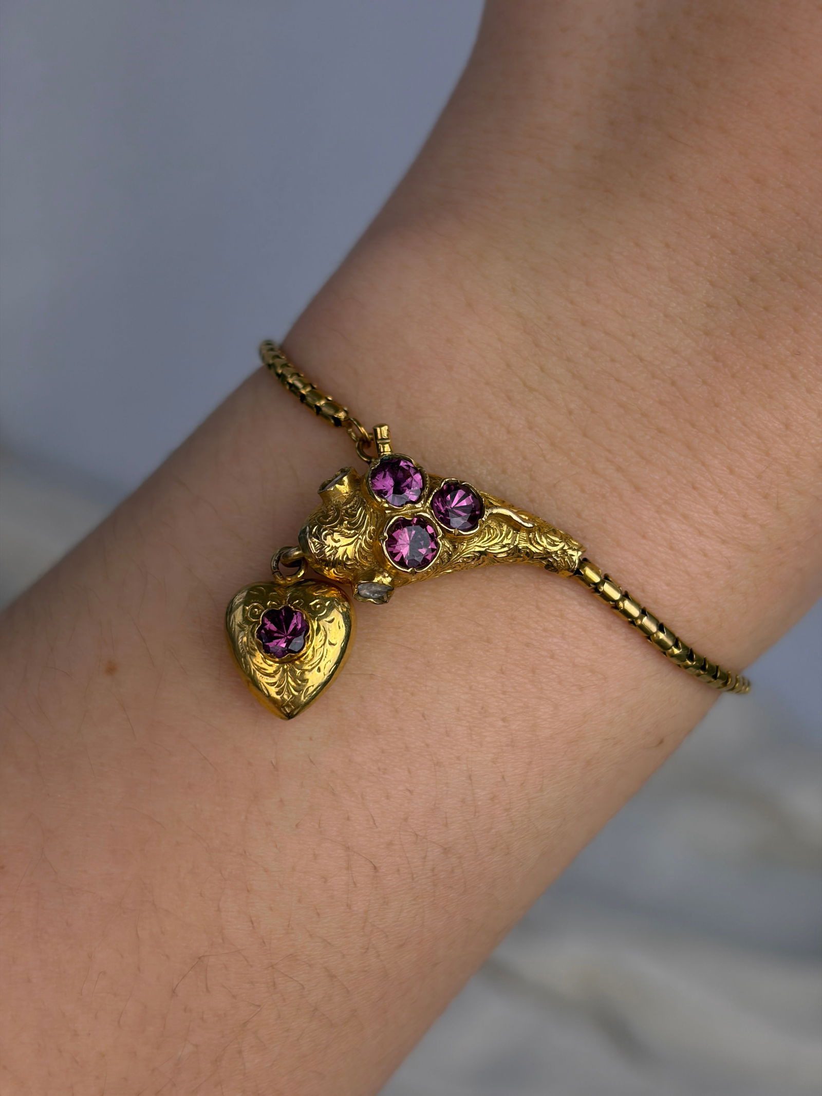 ANTIQUE 18CT YELLOW GOLD PINK TOURMALINE AND DIAMOND SNAKE BRACELET IN FITTED BOX - 7