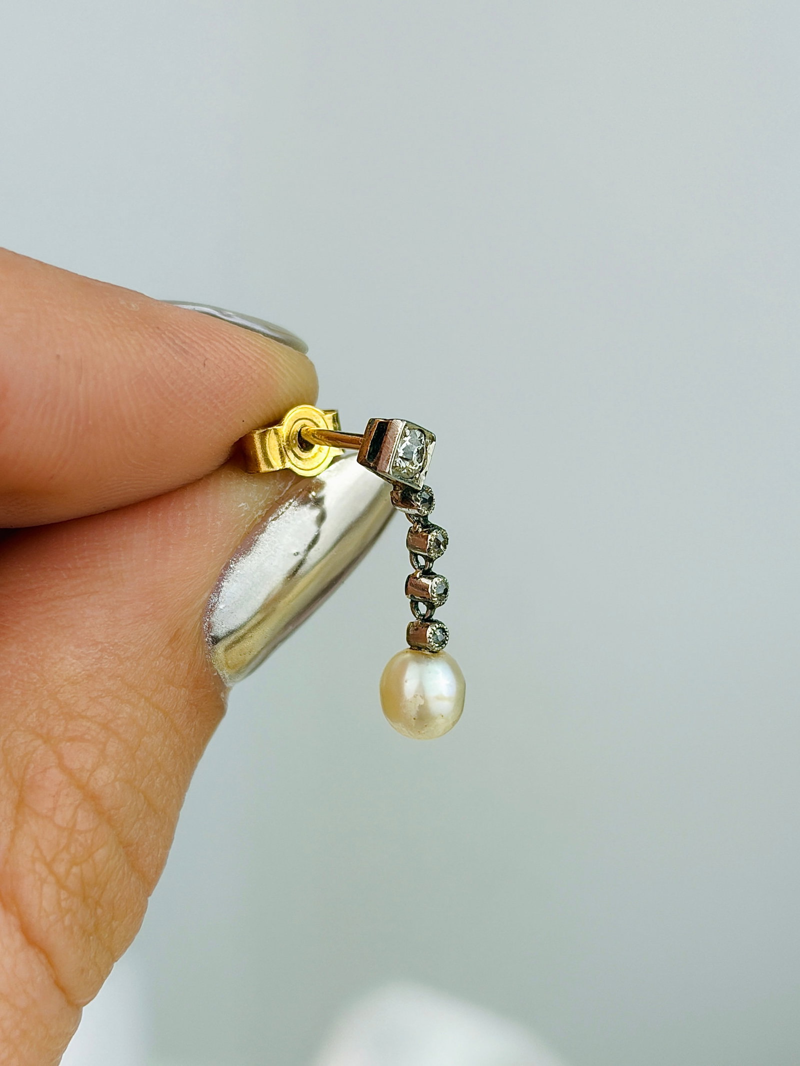 Antique Boxed Diamond and Pearl Drop Earrings in 9ct Gold - 6