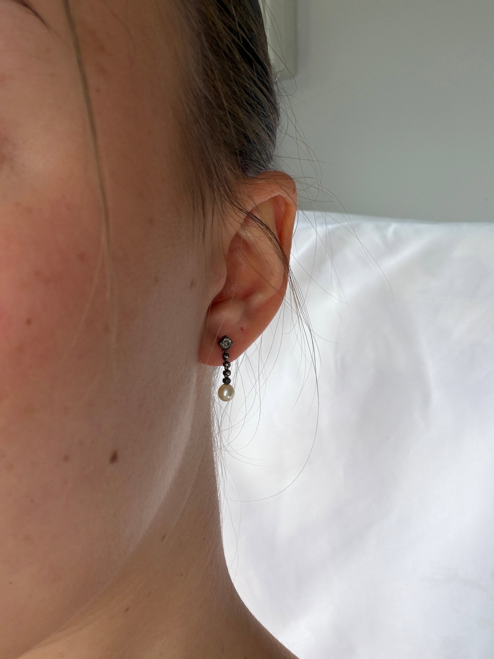 Antique Boxed Diamond and Pearl Drop Earrings in 9ct Gold - 9
