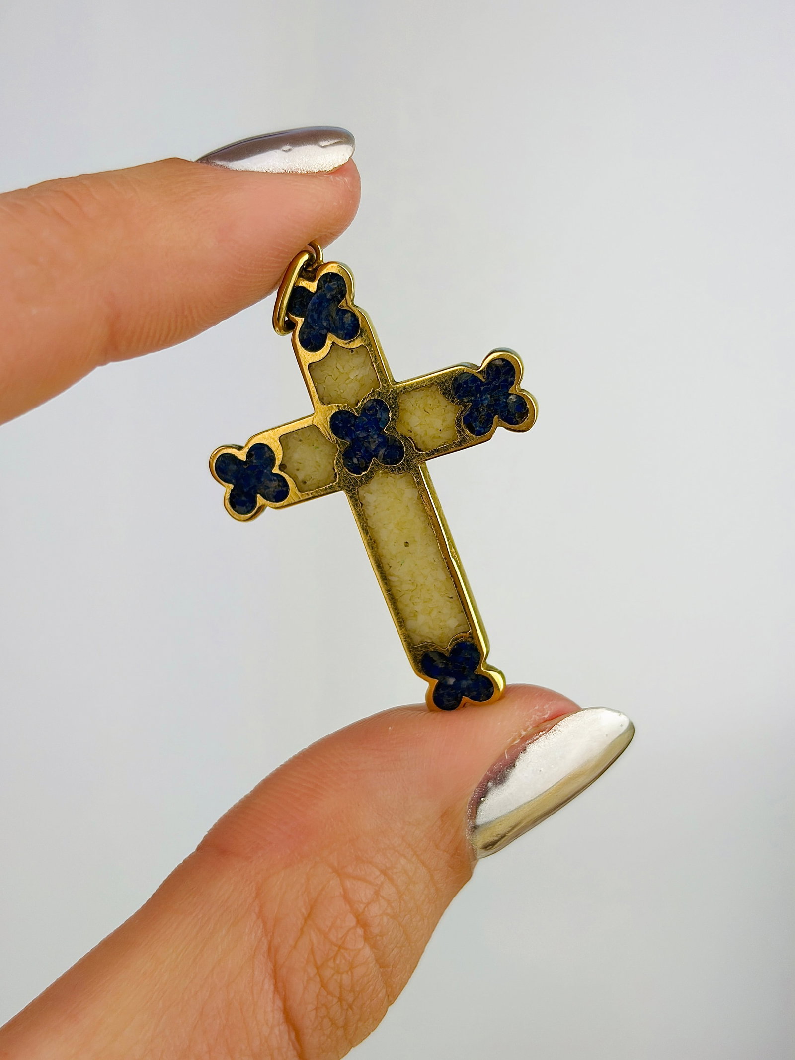 18ct Gold Lapis Lazuli and Marble Cross Pendant - 4
