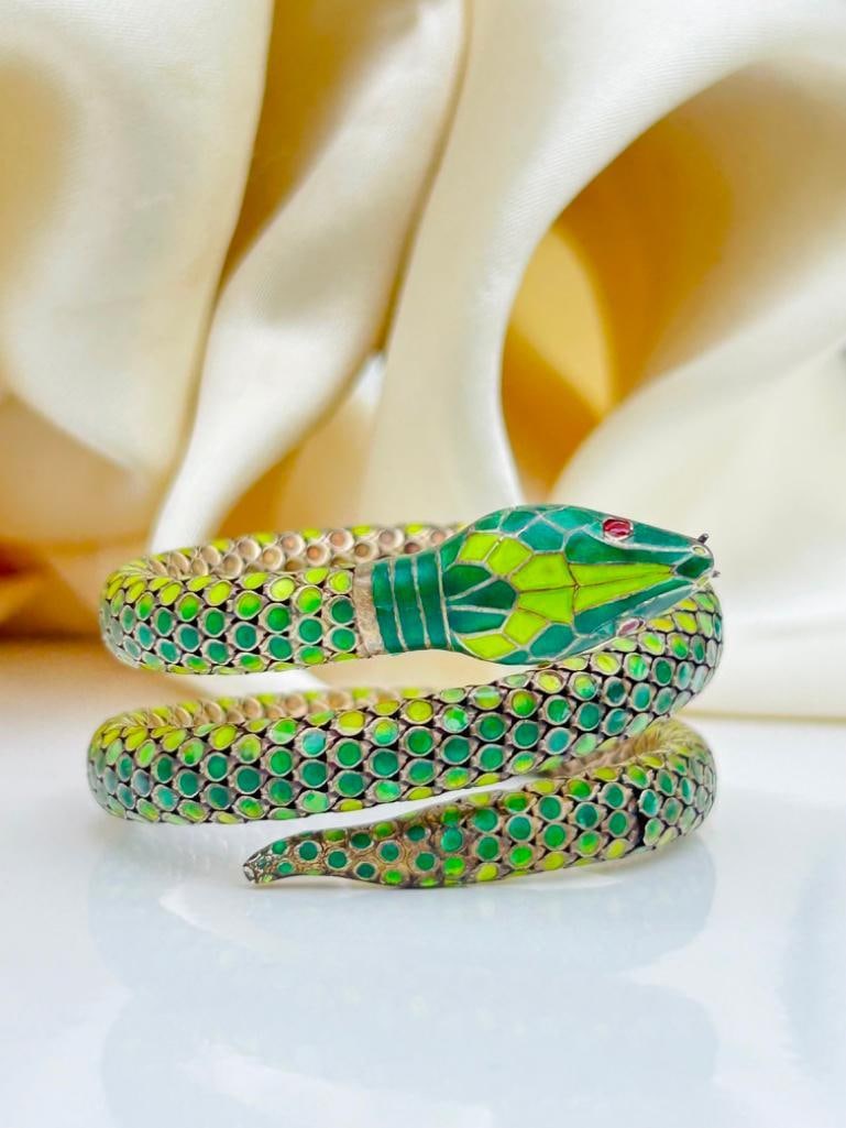 Amazing Green Coiled Snake Bangle Bracelet in 935 - 7