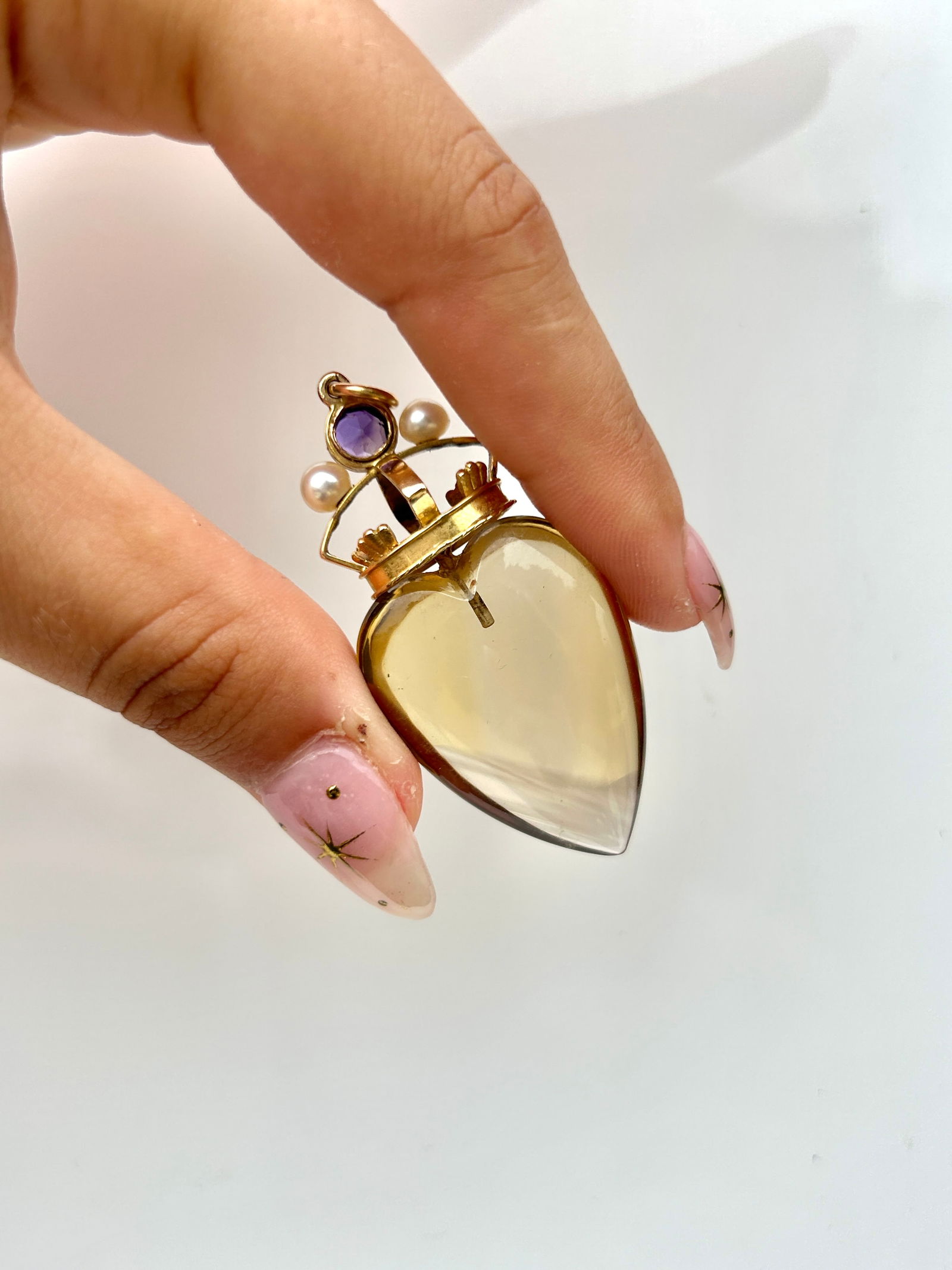 Huge antique carved citrine heart pendant with gold amethyst and pearl crown - 2