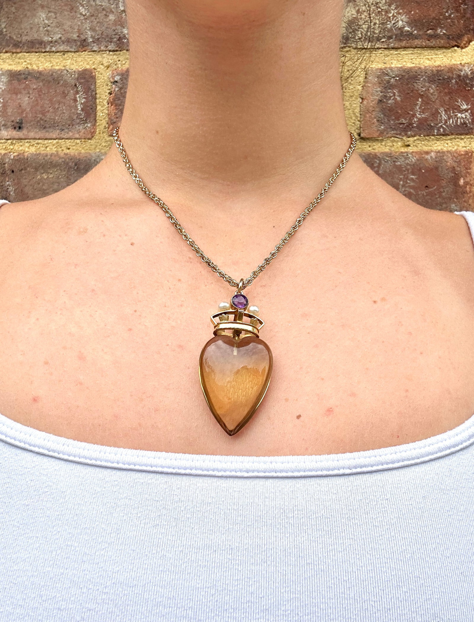 Huge antique carved citrine heart pendant with gold amethyst and pearl crown - 5