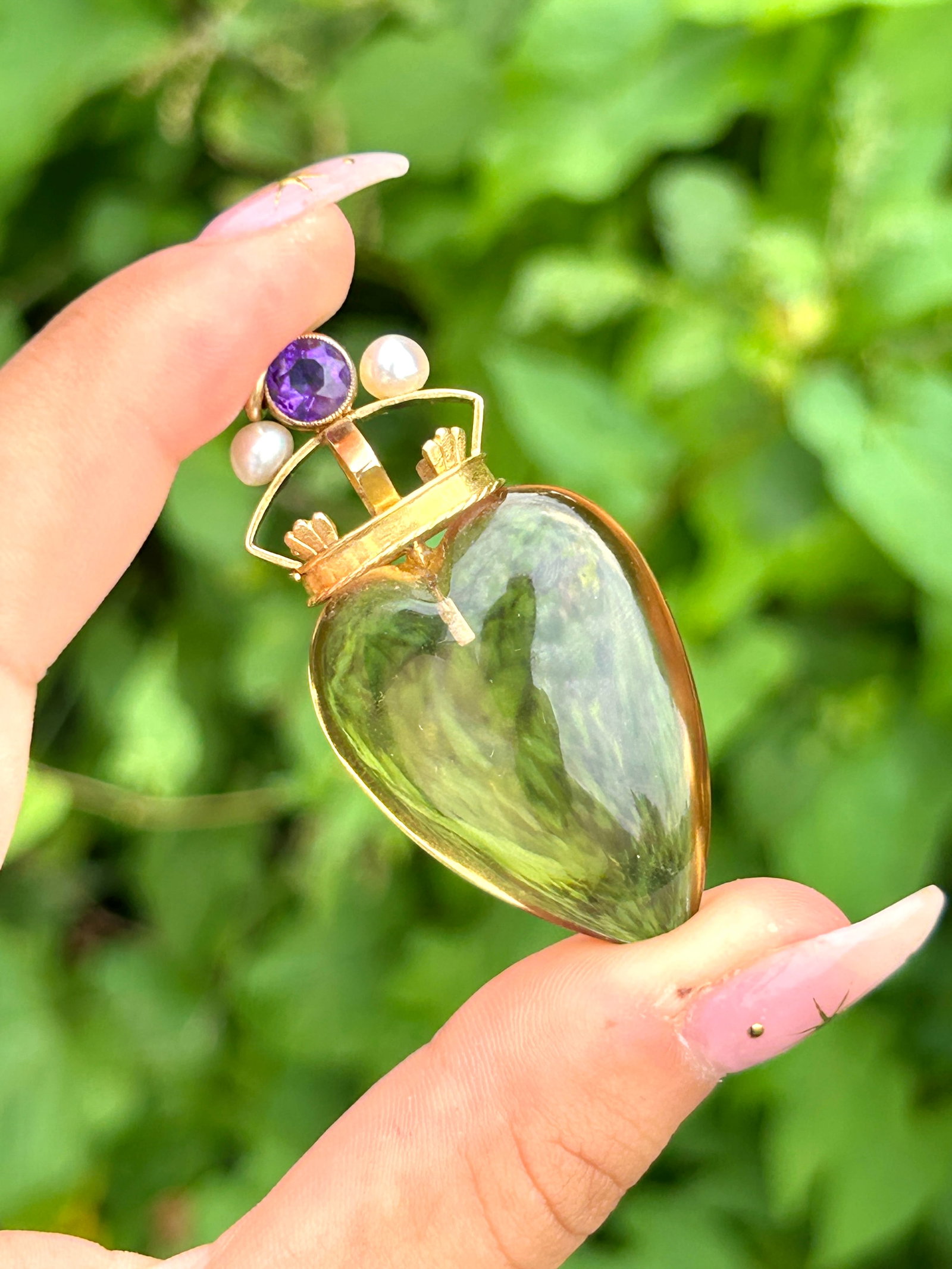 Huge antique carved citrine heart pendant with gold amethyst and pearl crown - 6