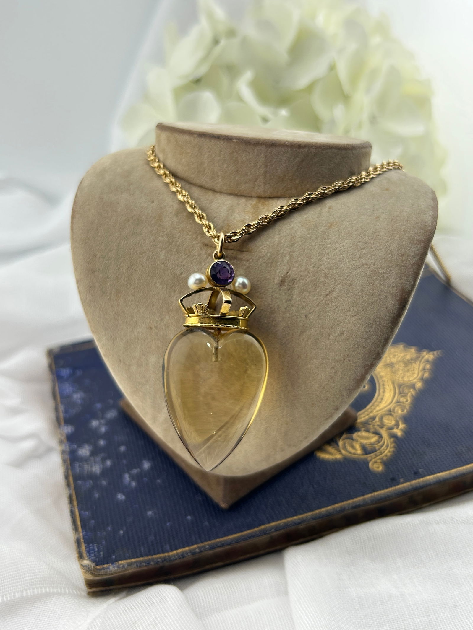 Huge antique carved citrine heart pendant with gold amethyst and pearl crown - 7