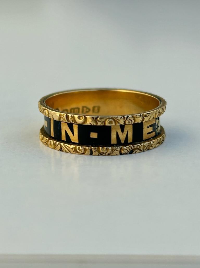 Antique 18ct Yellow Gold Black Enamel Mourning Band Ring - 4