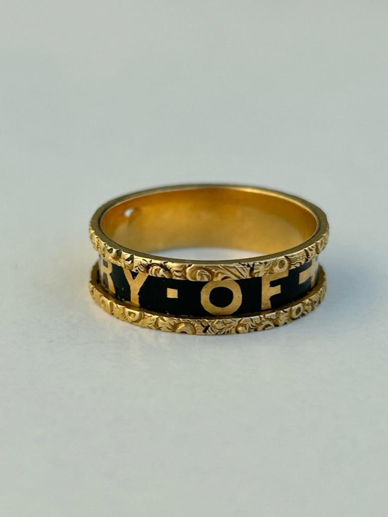 Antique 18ct Yellow Gold Black Enamel Mourning Band Ring - 5