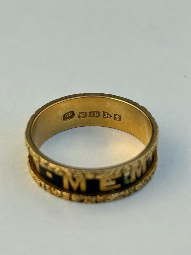 Antique 18ct Yellow Gold Black Enamel Mourning Band Ring - 6