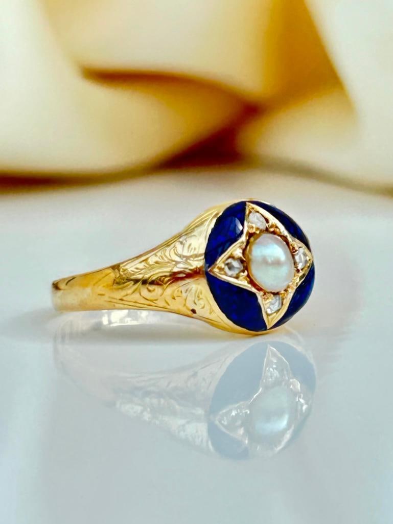 Antique Blue Enamel Diamond and Pearl Star Ring - 2
