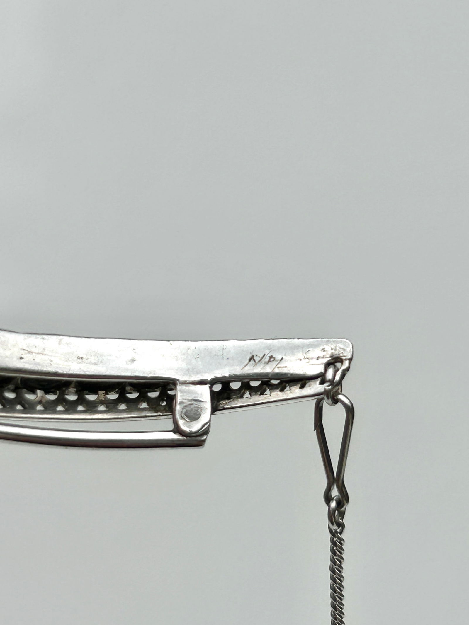 Antique platinum chunky diamond crescent brooch with safety chain - 2