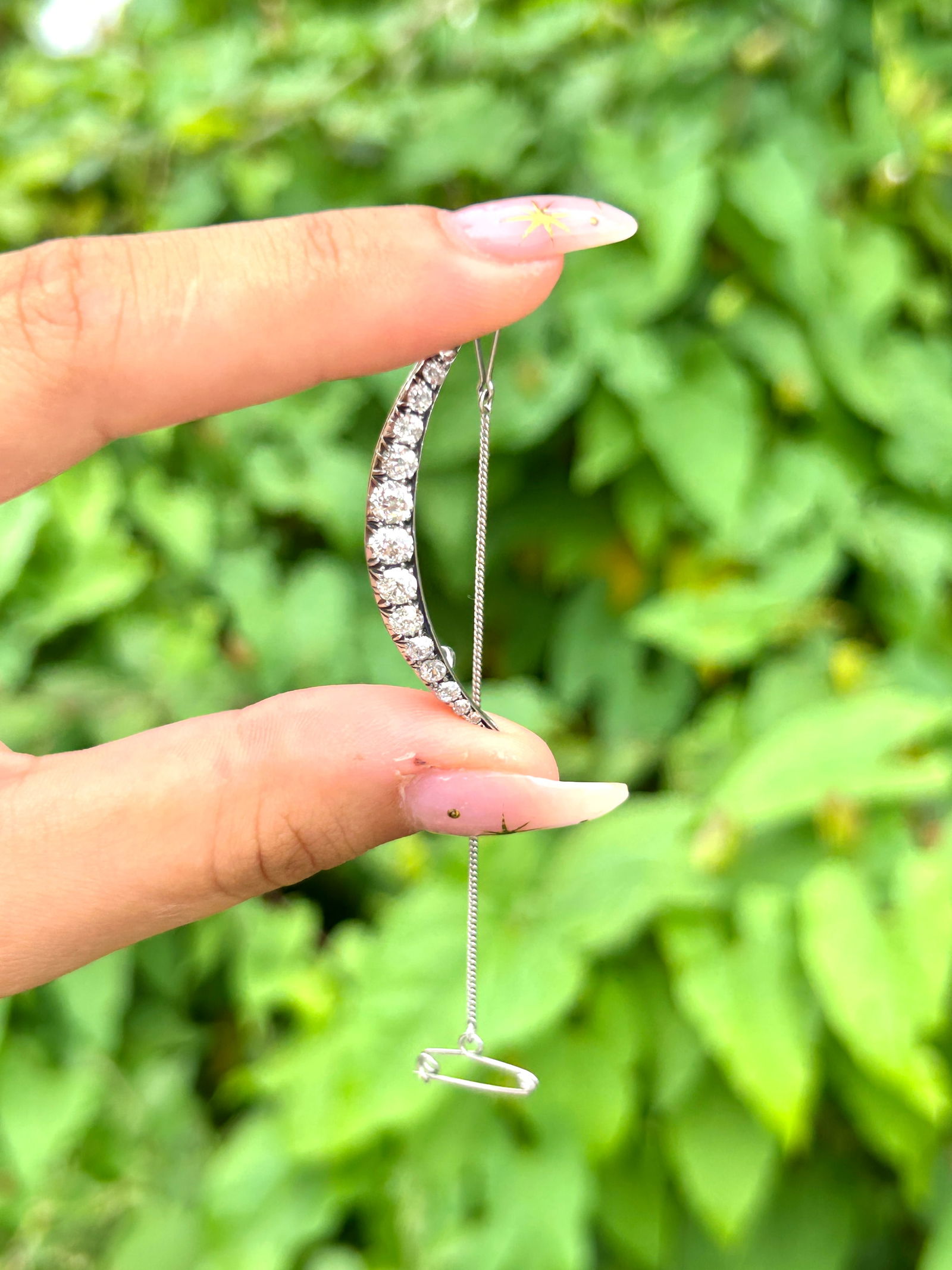 Antique platinum chunky diamond crescent brooch with safety chain - 5