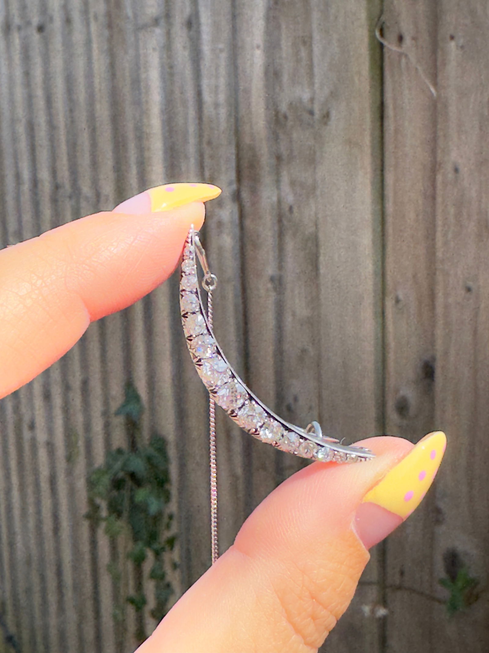 Antique platinum chunky diamond crescent brooch with safety chain - 7