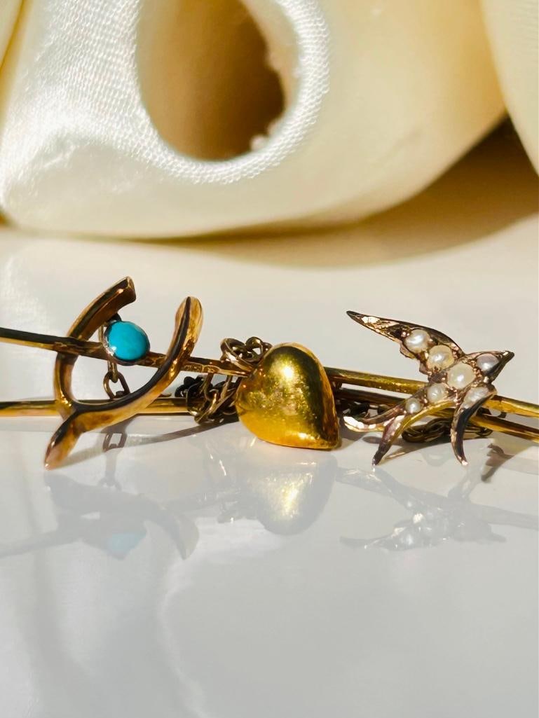 Antique turquoise wishbone and pearl swallow and heart double gold pins - 2